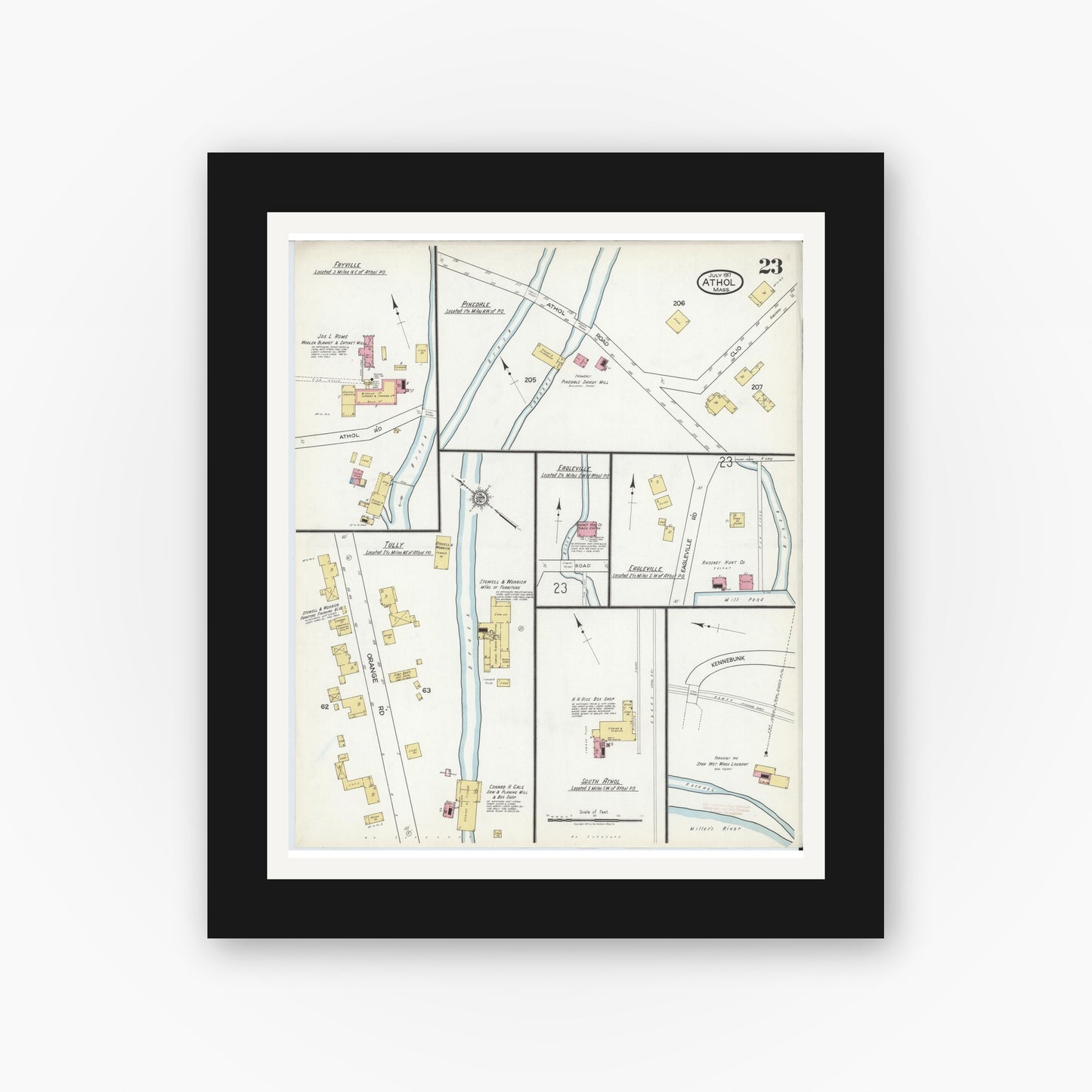 Old map wall art mockup — black gallery frame with white mat — Sanborn Fire Insurance Map from Athol, Worcester County, Massachusetts (1917), Sheet #0023