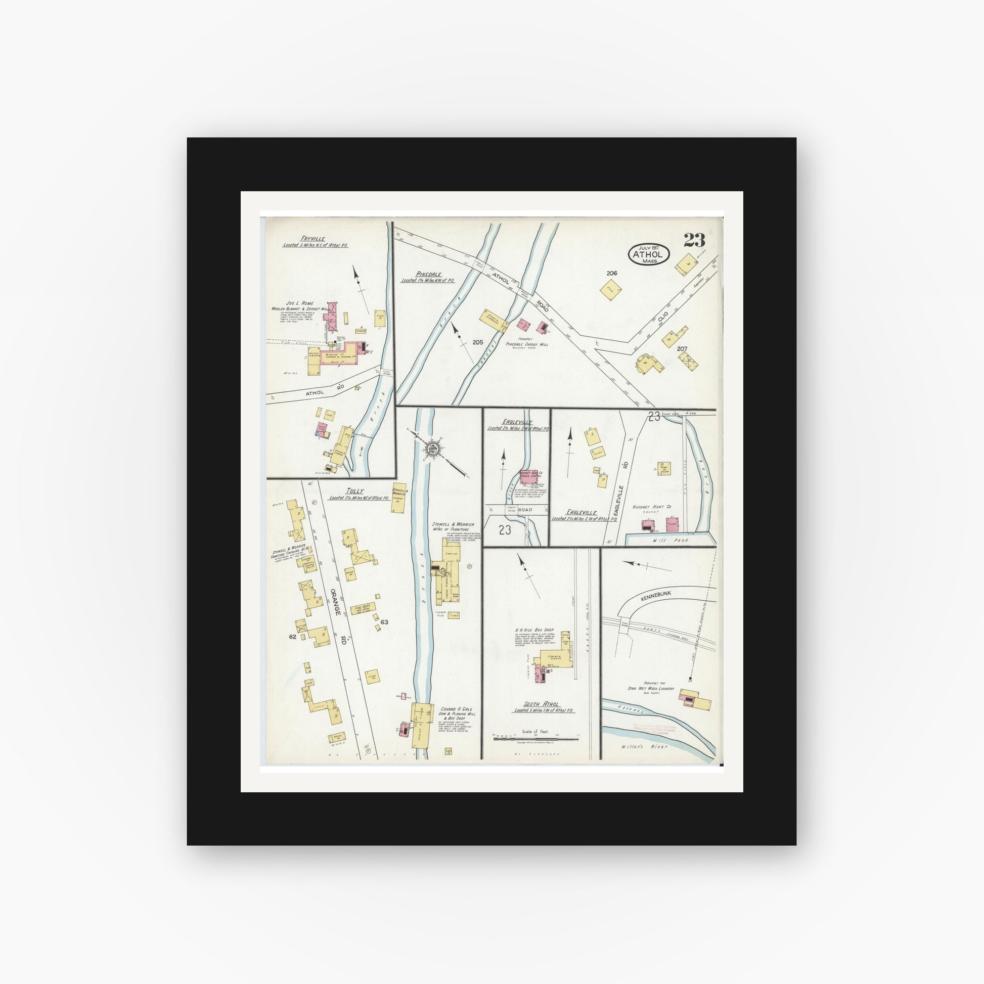Old map wall art mockup — black gallery frame with white mat — Sanborn Fire Insurance Map from Athol, Worcester County, Massachusetts (1917), Sheet #0023