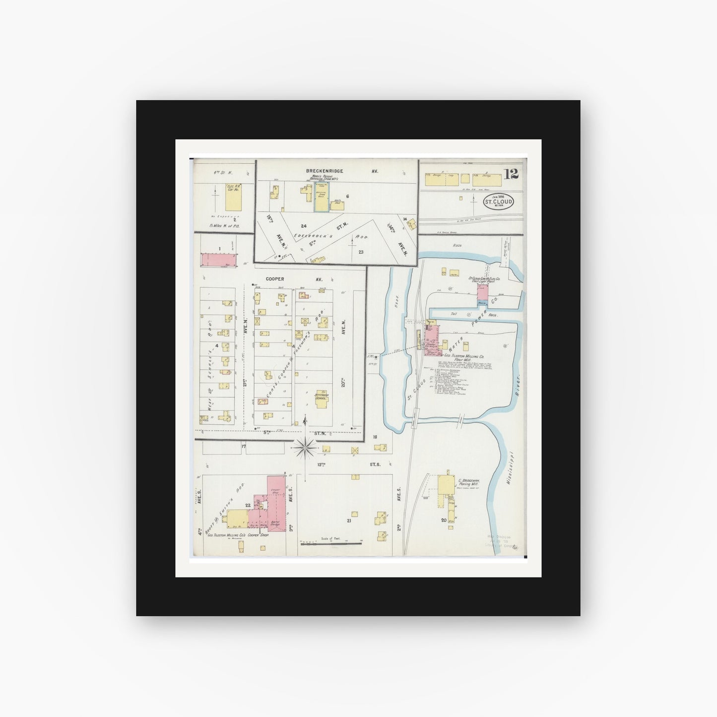 Old map wall art mockup — black gallery frame with white mat — Sanborn Fire Insurance Map from Saint Cloud, Stearns, Benton, and Sherburne Counties, Minnesota (1898), Sheet #0012