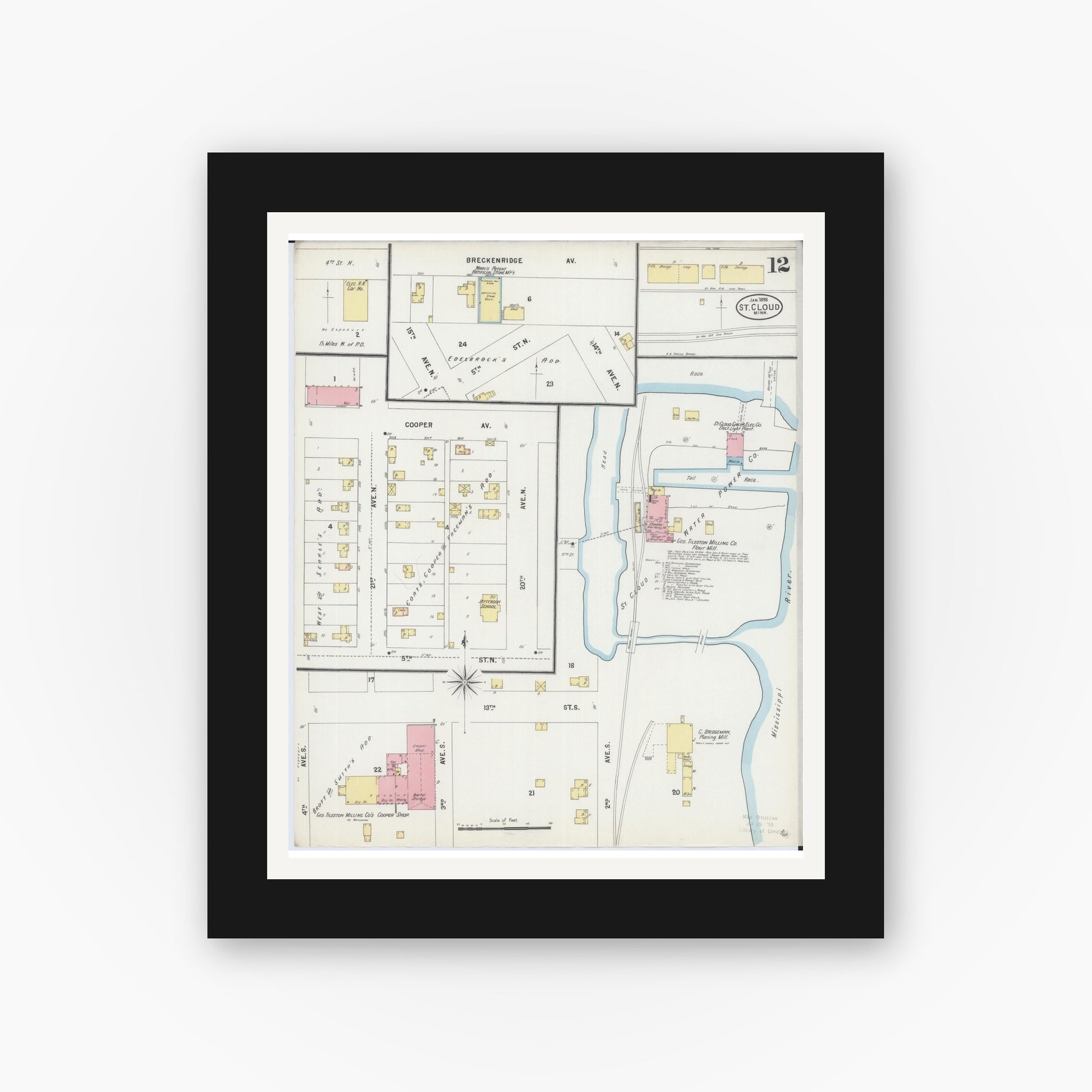 Old map wall art mockup — black gallery frame with white mat — Sanborn Fire Insurance Map from Saint Cloud, Stearns, Benton, and Sherburne Counties, Minnesota (1898), Sheet #0012