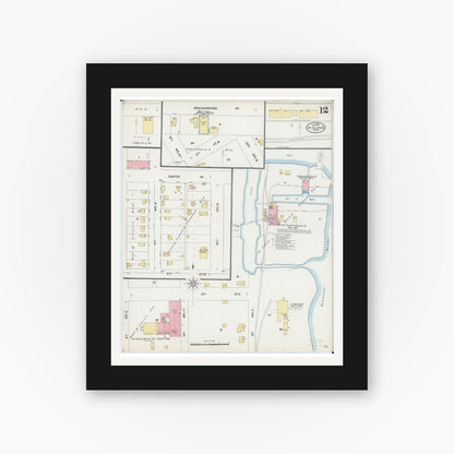Old map wall art mockup — black gallery frame with white mat — Sanborn Fire Insurance Map from Saint Cloud, Stearns, Benton, and Sherburne Counties, Minnesota (1898), Sheet #0012