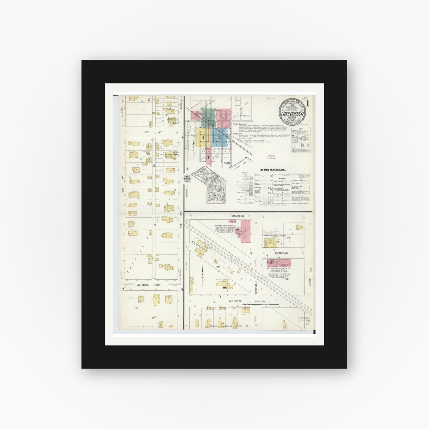 Old map wall art mockup — black gallery frame with white mat — Sanborn Fire Insurance Map from Lake Odessa, Ionia County, Michigan (1912) - Complete Map Set