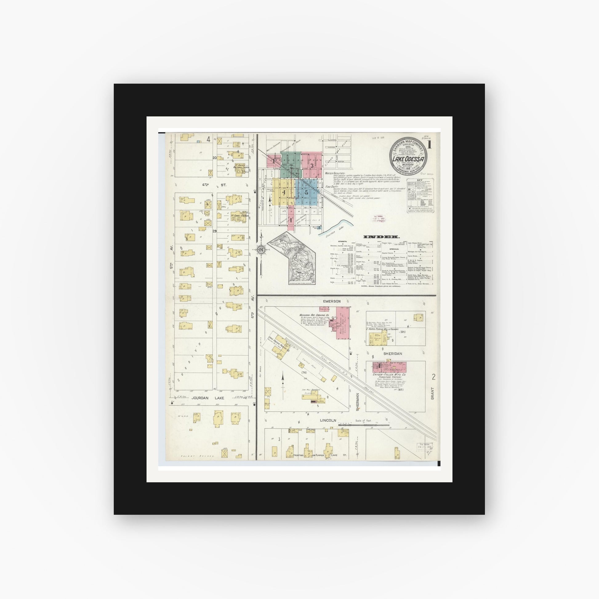 Old map wall art mockup — black gallery frame with white mat — Sanborn Fire Insurance Map from Lake Odessa, Ionia County, Michigan (1912) - Complete Map Set