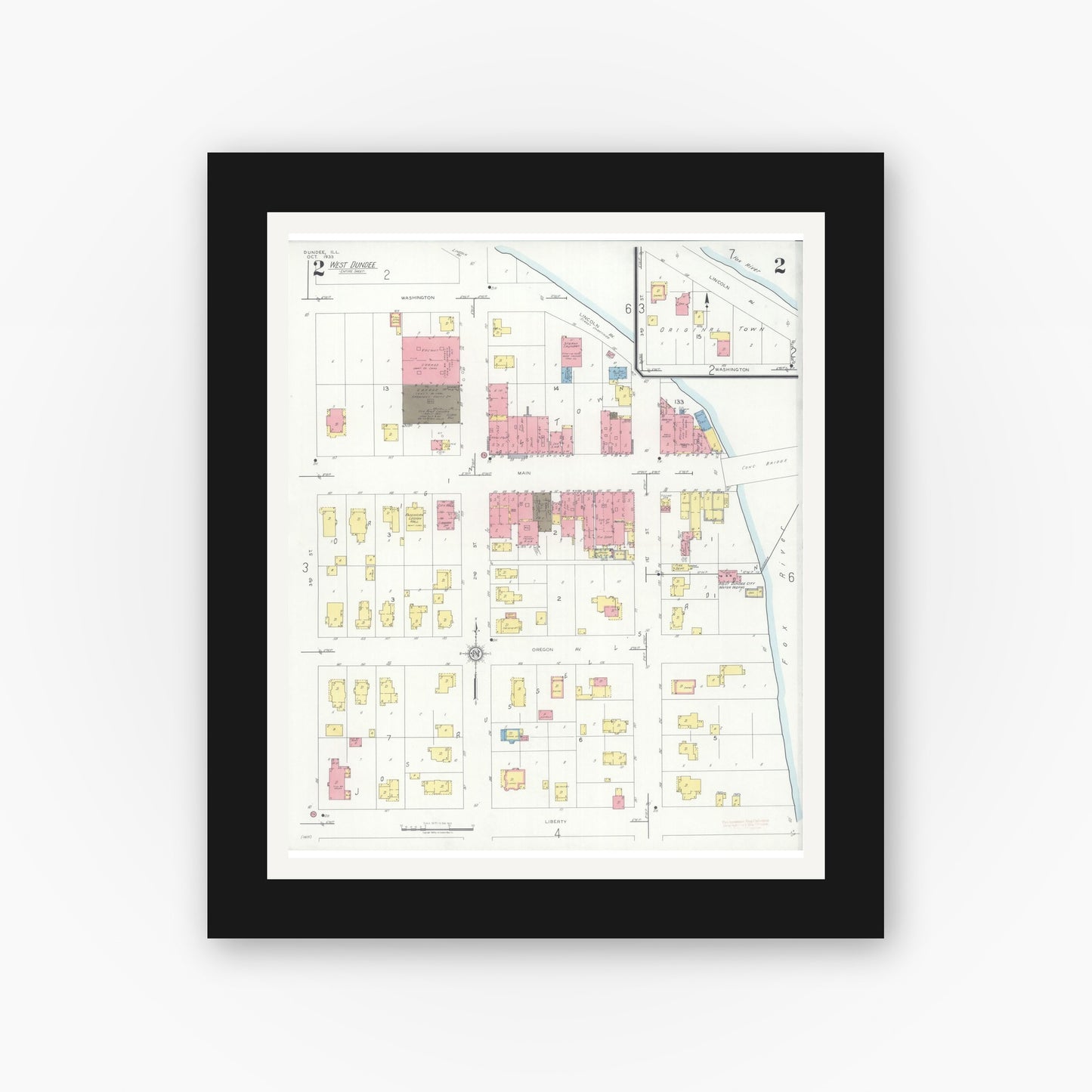 Old map wall art mockup — black gallery frame with white mat — Sanborn Fire Insurance Map from Dundee, Kane County, Illinois (1933), Sheet #0002