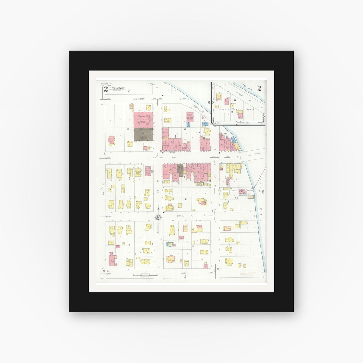 Old map wall art mockup — black gallery frame with white mat — Sanborn Fire Insurance Map from Dundee, Kane County, Illinois (1933), Sheet #0002