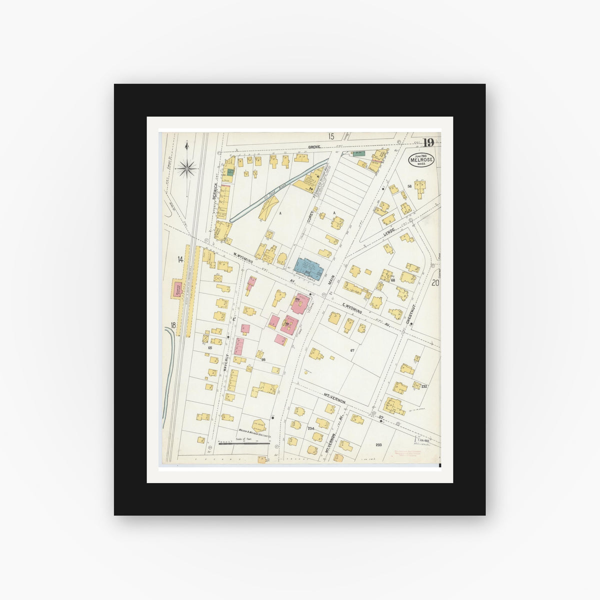 Old map wall art mockup — black gallery frame with white mat — Sanborn Fire Insurance Map from Melrose, Middlesex County, Massachusetts (1903), Sheet #0019