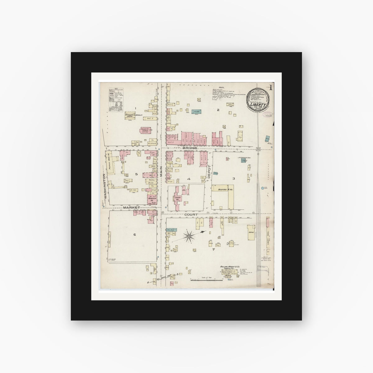 Old map wall art mockup — black gallery frame with white mat — Sanborn Fire Insurance Map from Liberty, Bedford County, Virginia (1886) - Complete Map Set