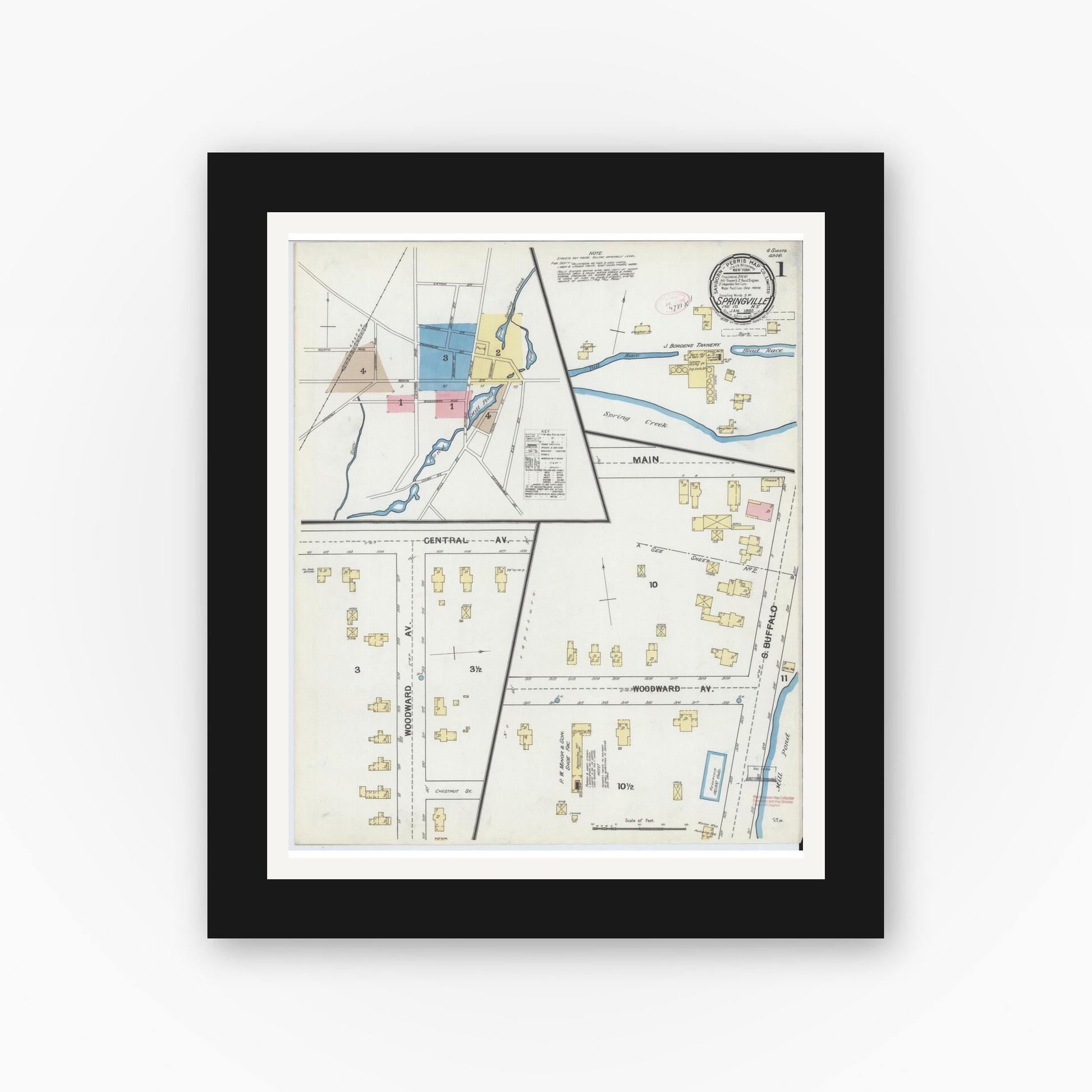 Old map wall art mockup — black gallery frame with white mat — Sanborn Fire Insurance Map from Springville, Erie County, New York (1892), Sheet #0001