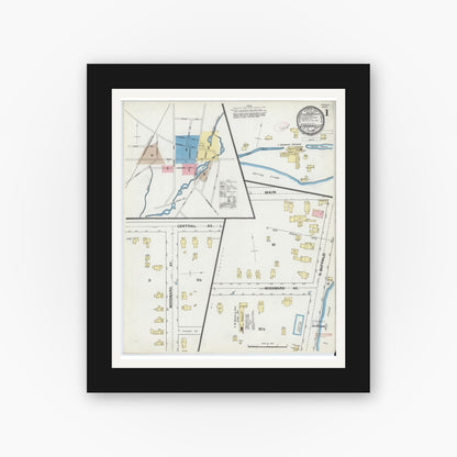 Old map wall art mockup — black gallery frame with white mat — Sanborn Fire Insurance Map from Springville, Erie County, New York (1892), Sheet #0001