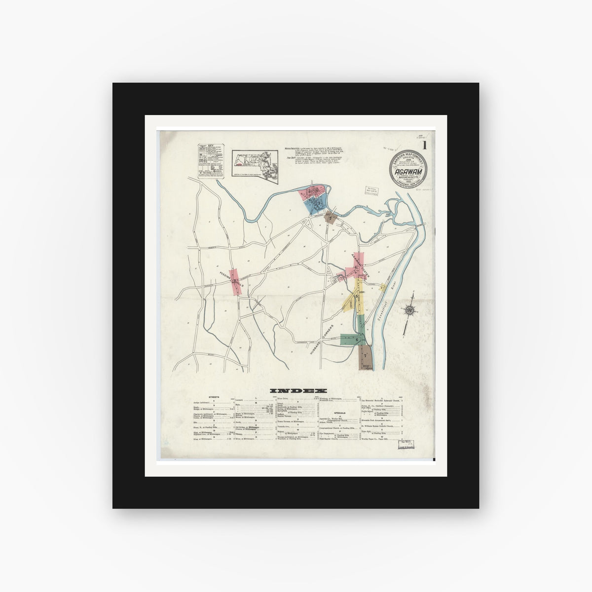 Old map wall art mockup — black gallery frame with white mat — Sanborn Fire Insurance Map from Agawam, Hampden County, Massachusetts (1920) - Complete Map Set