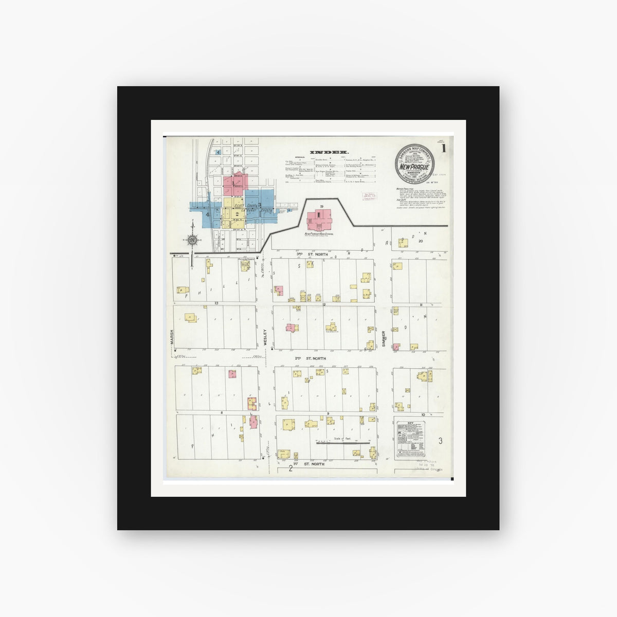 Old map wall art mockup — black gallery frame with white mat — Sanborn Fire Insurance Map from New Prague, Scott And Le Sueur, Minnesota (1911), Sheet #0001