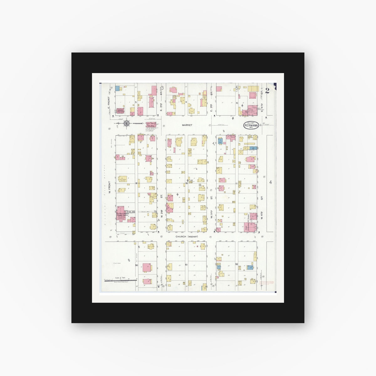 Old map wall art mockup — black gallery frame with white mat — Sanborn Fire Insurance Map from Hermann, Gasconade County, Missouri (1917), Sheet #0002