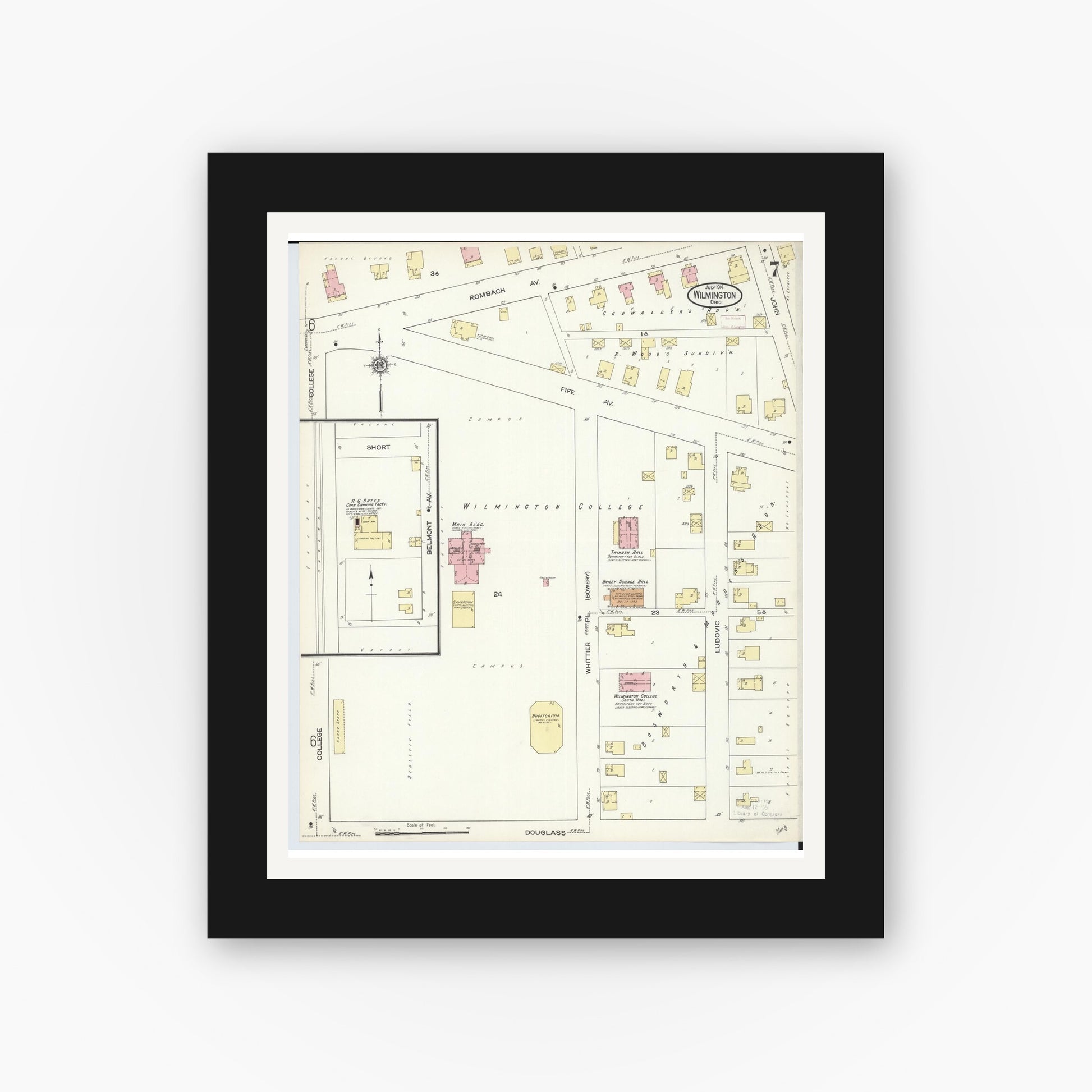 Old map wall art mockup — black gallery frame with white mat — Sanborn Fire Insurance Map from Wilmington, Clinton County, Ohio (1914), Sheet #0007
