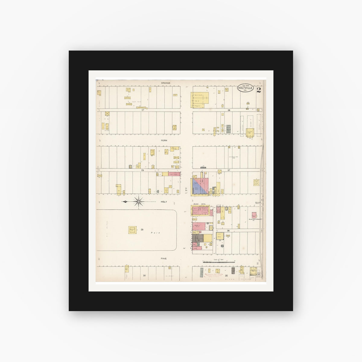Old map wall art mockup — black gallery frame with white mat — Sanborn Fire Insurance Map from Holtville, Imperial County, California (1910), Sheet #0002