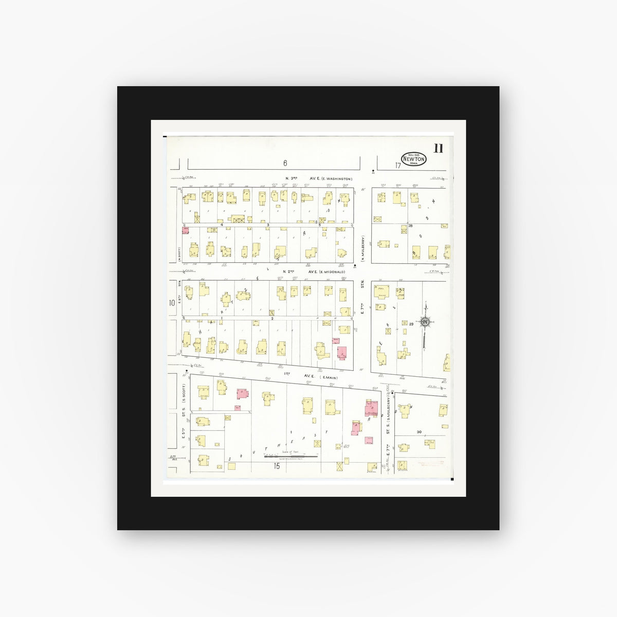 Old map wall art mockup — black gallery frame with white mat — Sanborn Fire Insurance Map from Newton, Jasper County, Iowa (1918), Sheet #0011