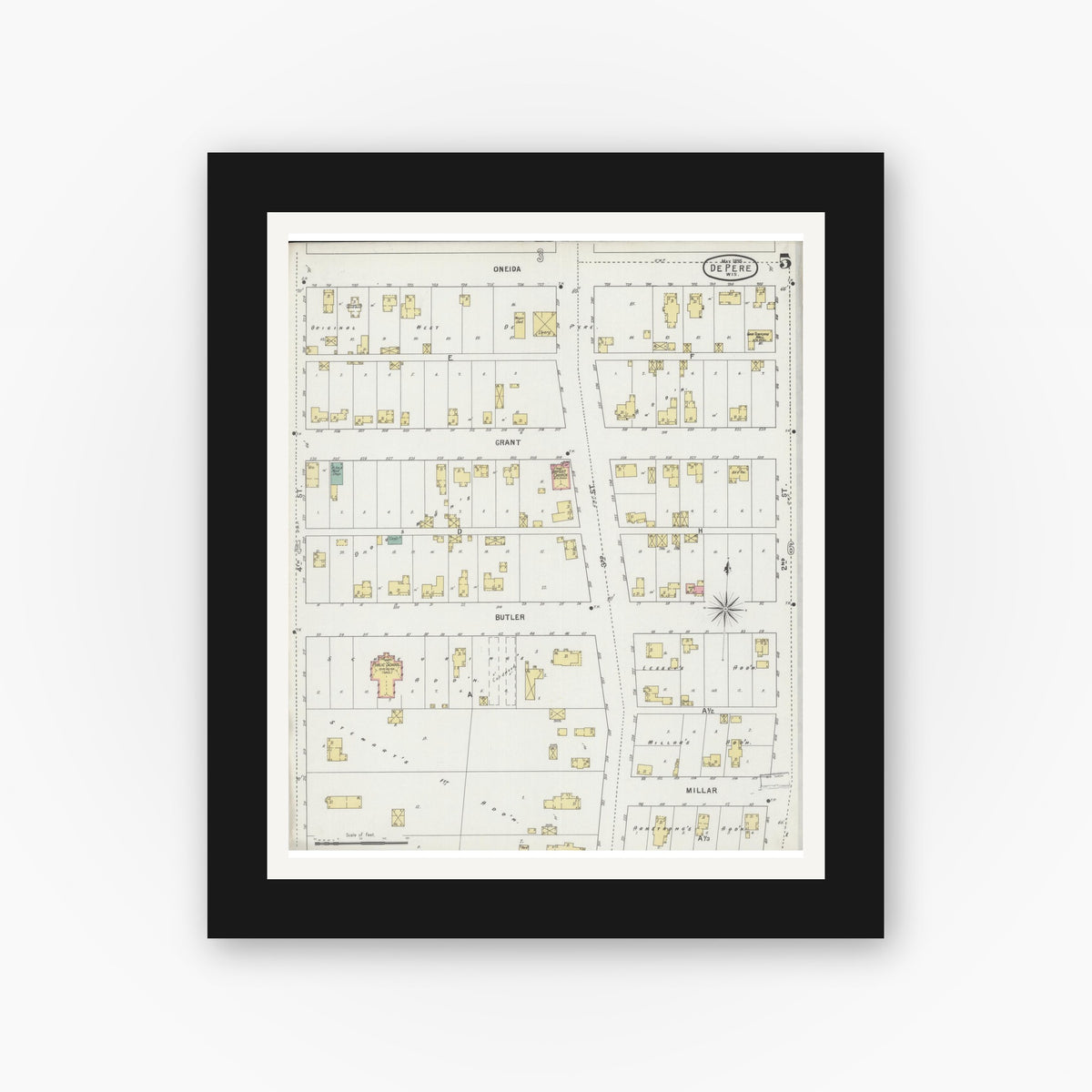 Old map wall art mockup — black gallery frame with white mat — Sanborn Fire Insurance Map from De Pere, Brown County, Wisconsin (1895), Sheet #0005
