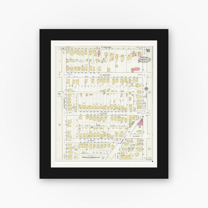 Old map wall art mockup — black gallery frame with white mat — Sanborn Fire Insurance Map from Shelbyville, Shelby County, Indiana (1916), Sheet #0016