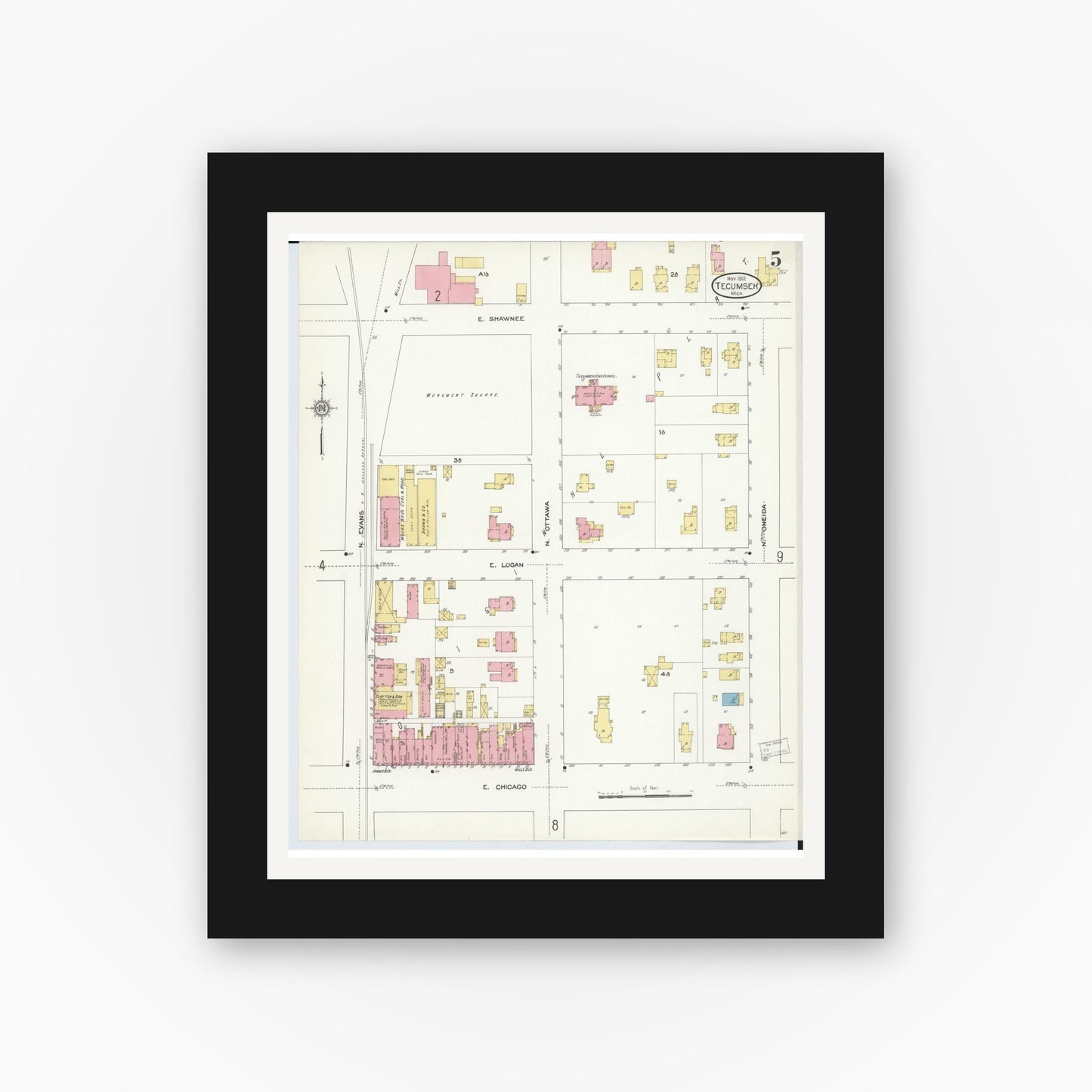 Old map wall art mockup — black gallery frame with white mat — Sanborn Fire Insurance Map from Tecumseh, Lenawee County, Michigan (1912), Sheet #0005
