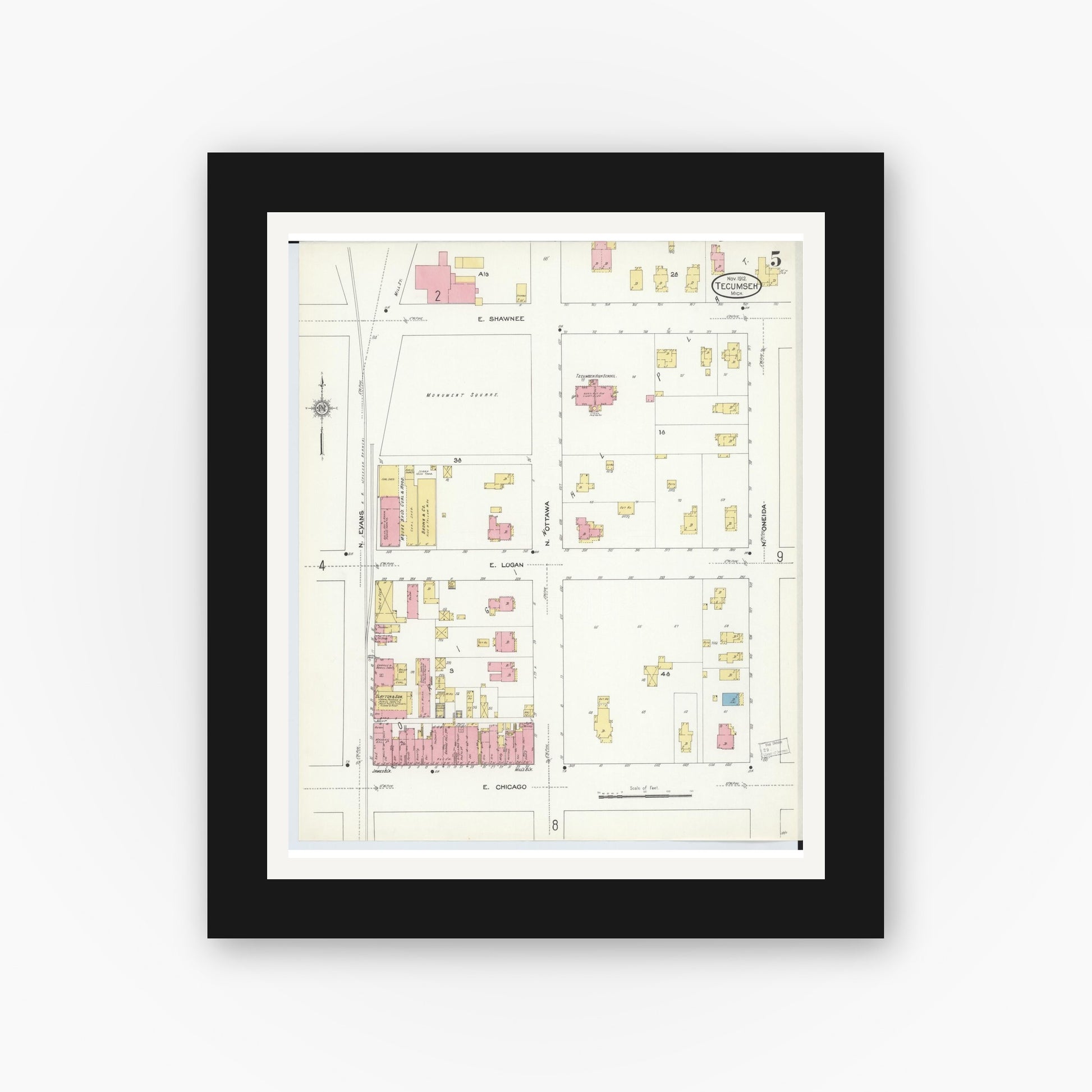 Old map wall art mockup — black gallery frame with white mat — Sanborn Fire Insurance Map from Tecumseh, Lenawee County, Michigan (1912), Sheet #0005