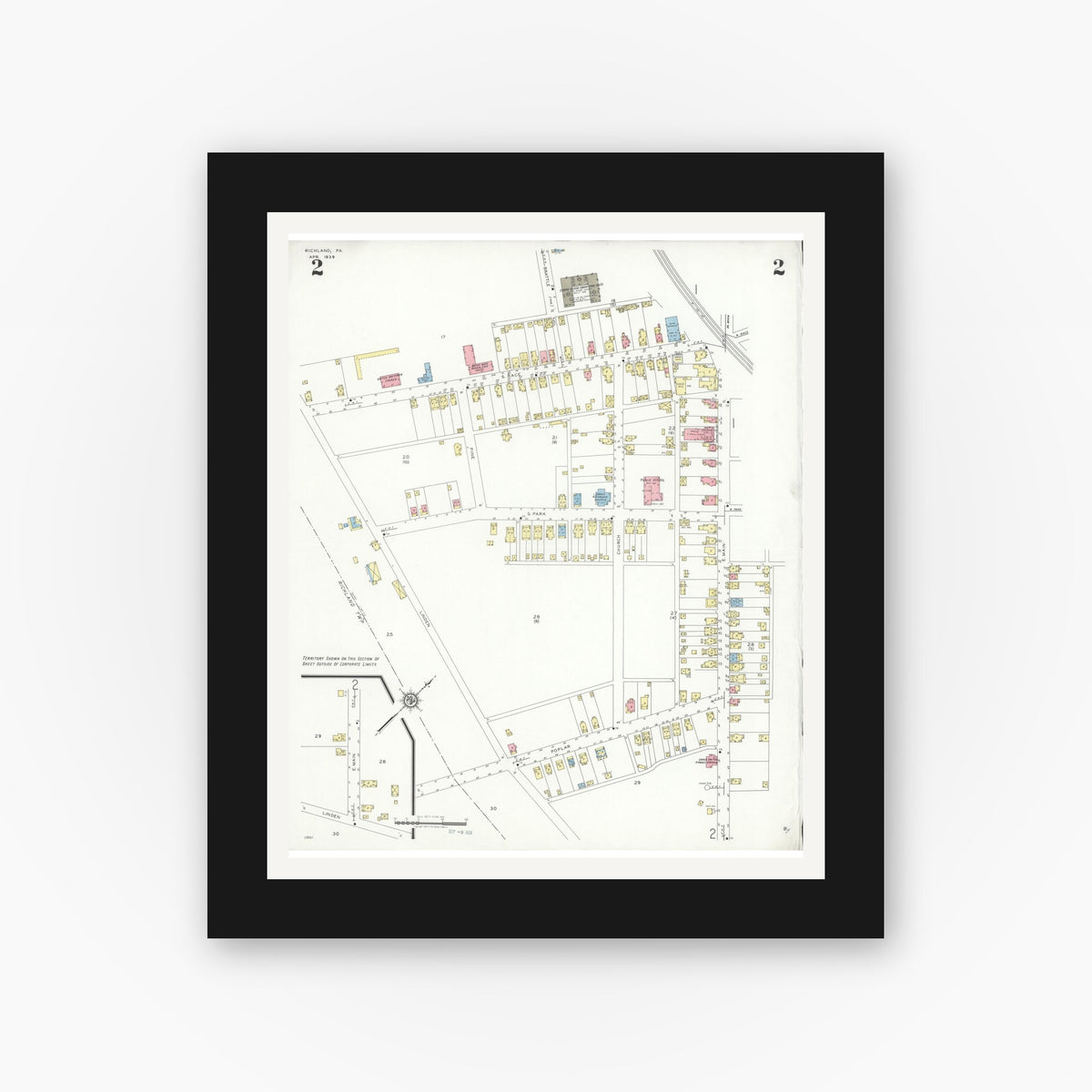 Old map wall art mockup — black gallery frame with white mat — Sanborn Fire Insurance Map from Richland, Lebanon County, Pennsylvania (1939), Sheet #0002