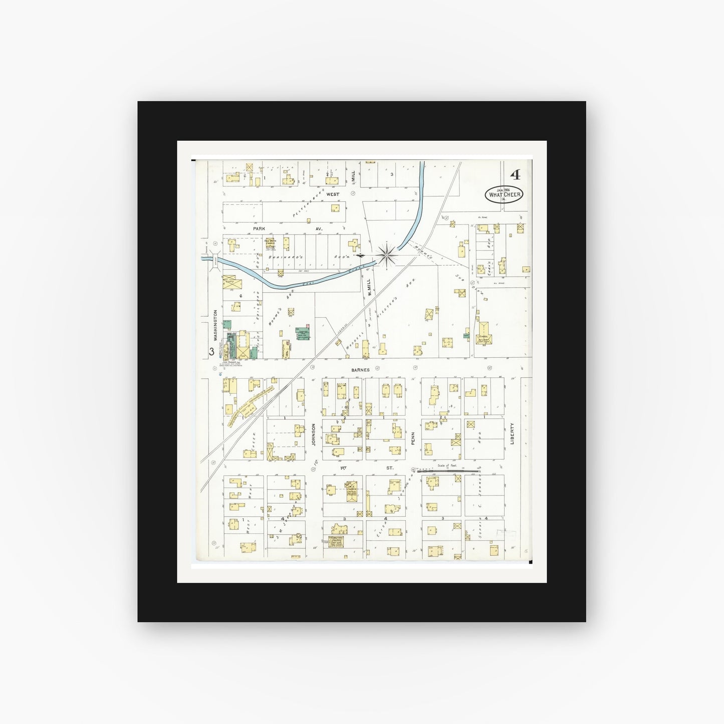 Old map wall art mockup — black gallery frame with white mat — Sanborn Fire Insurance Map from What Cheer, Keokuk County, Iowa (1906), Sheet #0004