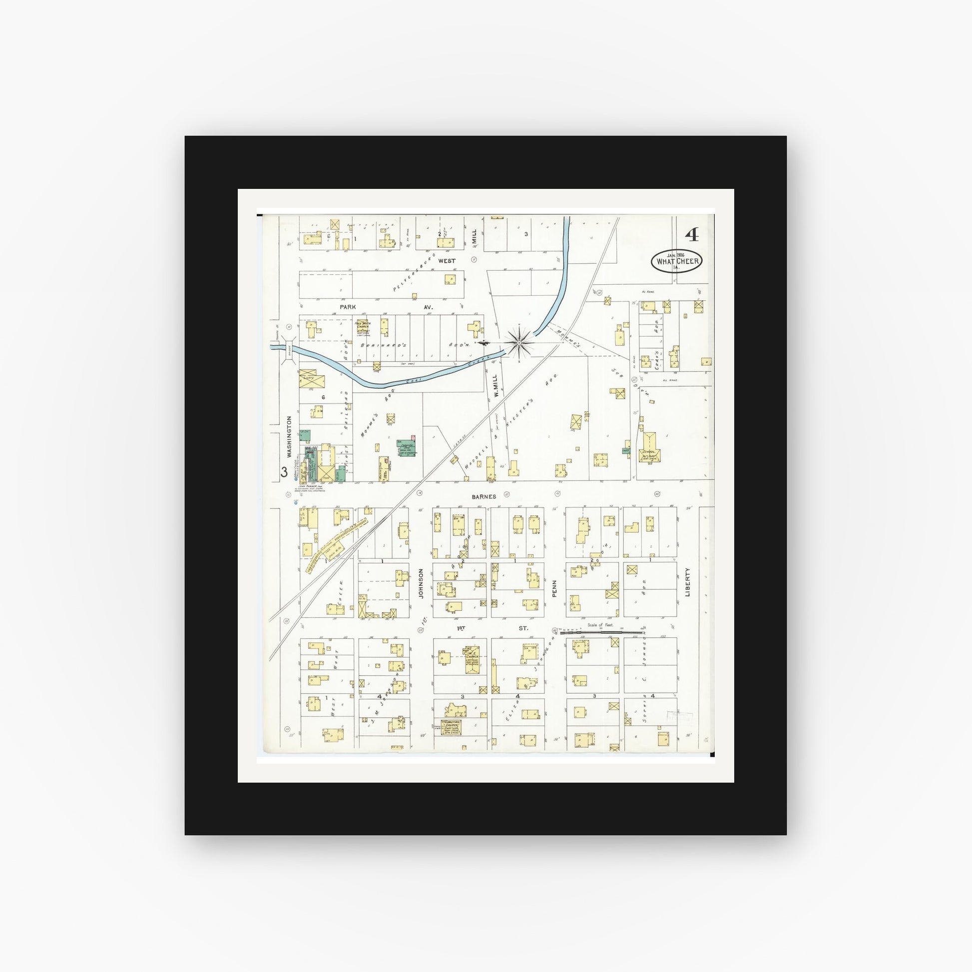 Old map wall art mockup — black gallery frame with white mat — Sanborn Fire Insurance Map from What Cheer, Keokuk County, Iowa (1906), Sheet #0004
