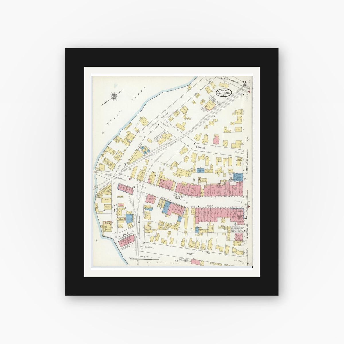 Old map wall art mockup — black gallery frame with white mat — Sanborn Fire Insurance Map from Carthage, Jefferson County, New York (1915) - Complete Map Set