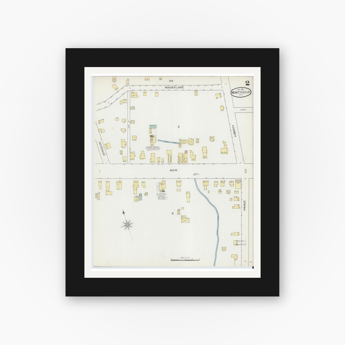 Old map wall art mockup — black gallery frame with white mat — Sanborn Fire Insurance Map from Monticello, Sullivan County, New York (1892), Sheet #0002