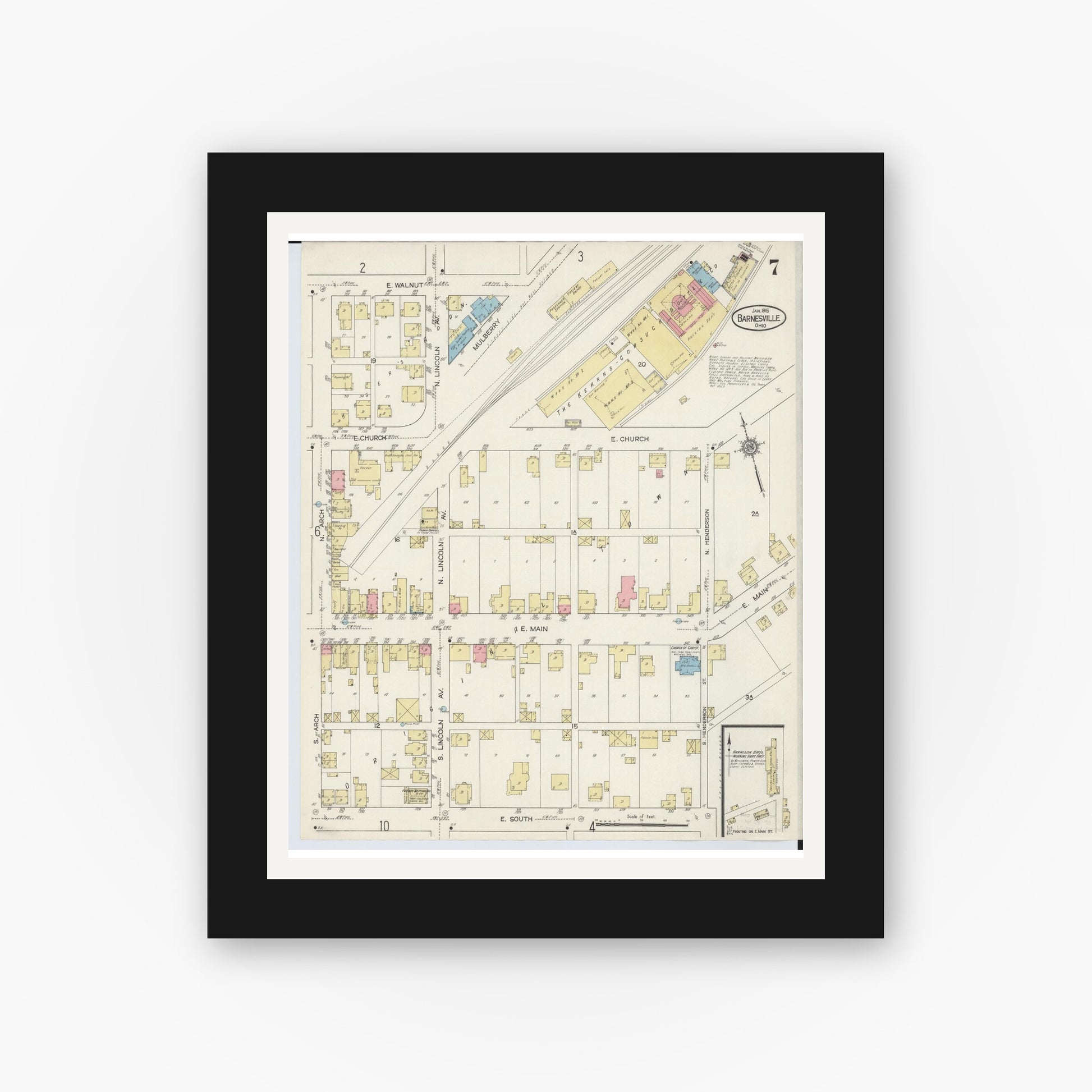 Old map wall art mockup — black gallery frame with white mat — Sanborn Fire Insurance Map from Barnesville, Belmont County, Ohio (1915), Sheet #0007