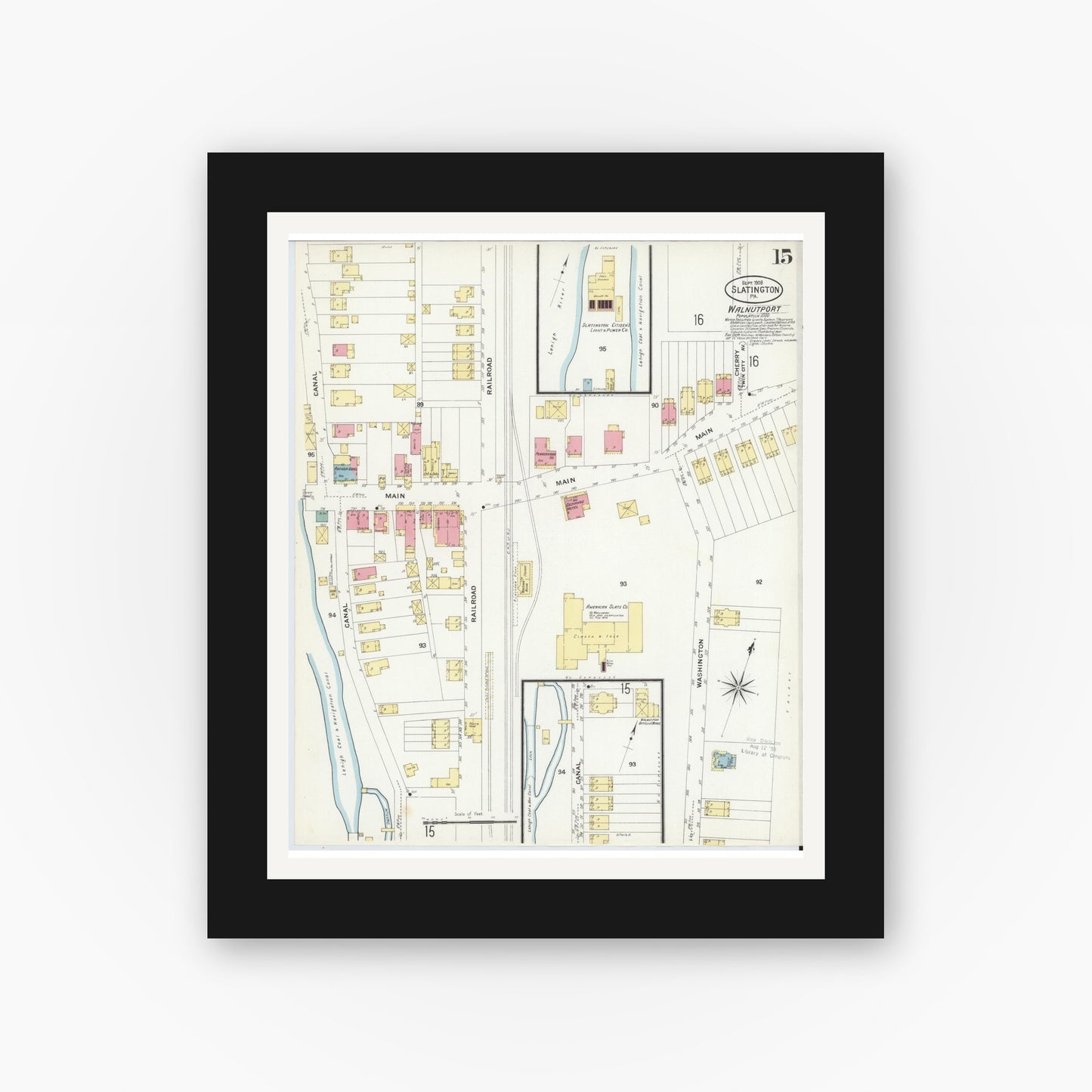 Old map wall art mockup — black gallery frame with white mat — Sanborn Fire Insurance Map from Slatington, Lehigh County, Pennsylvania (1908), Sheet #0015
