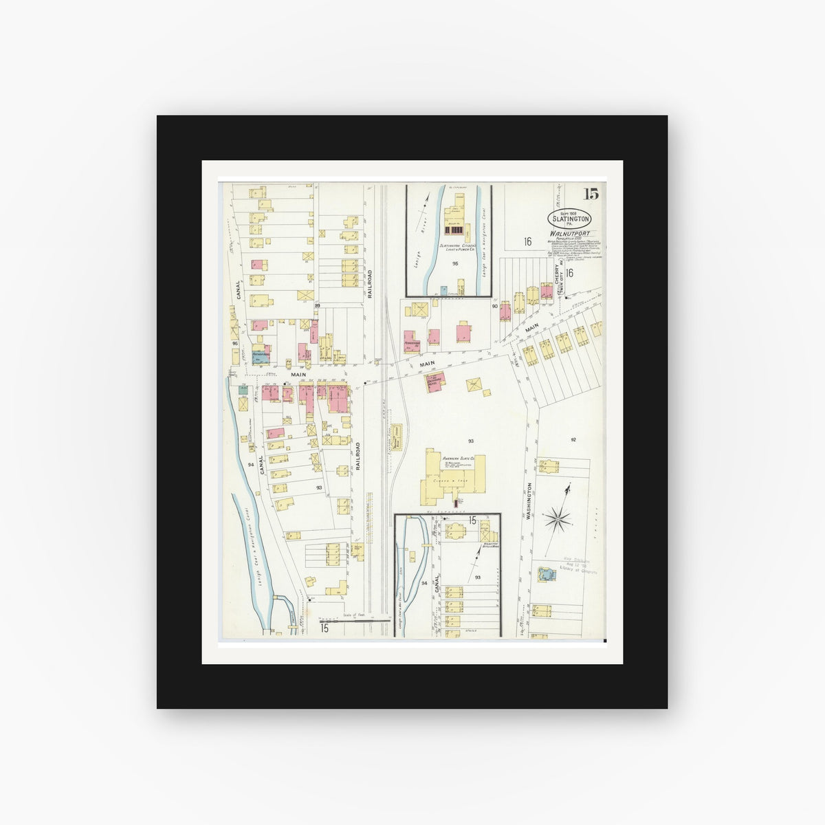 Old map wall art mockup — black gallery frame with white mat — Sanborn Fire Insurance Map from Slatington, Lehigh County, Pennsylvania (1908), Sheet #0015
