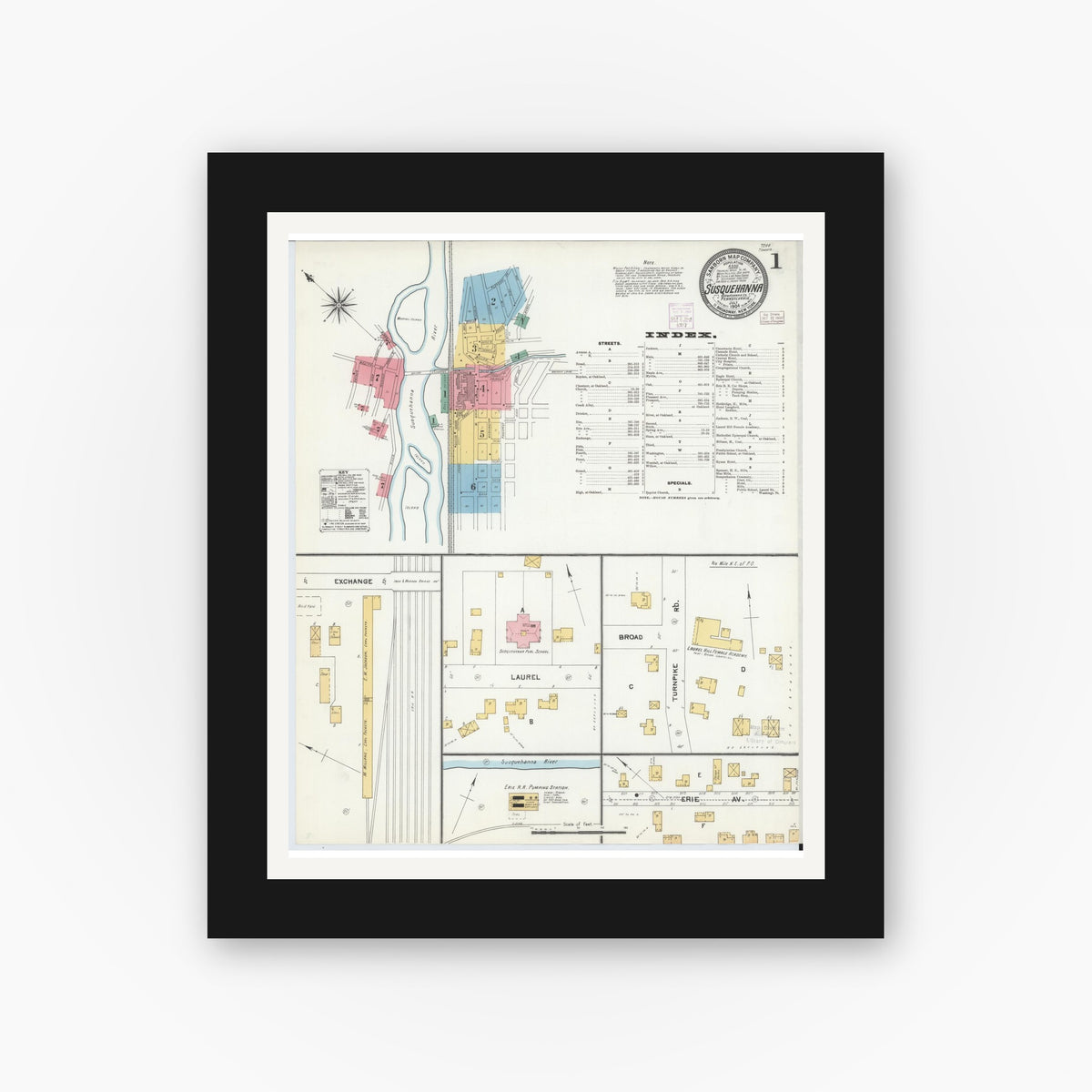 Old map wall art mockup — black gallery frame with white mat — Sanborn Fire Insurance Map from Susquehanna, Susquehanna County, Pennsylvania (1904) - Complete Map Set
