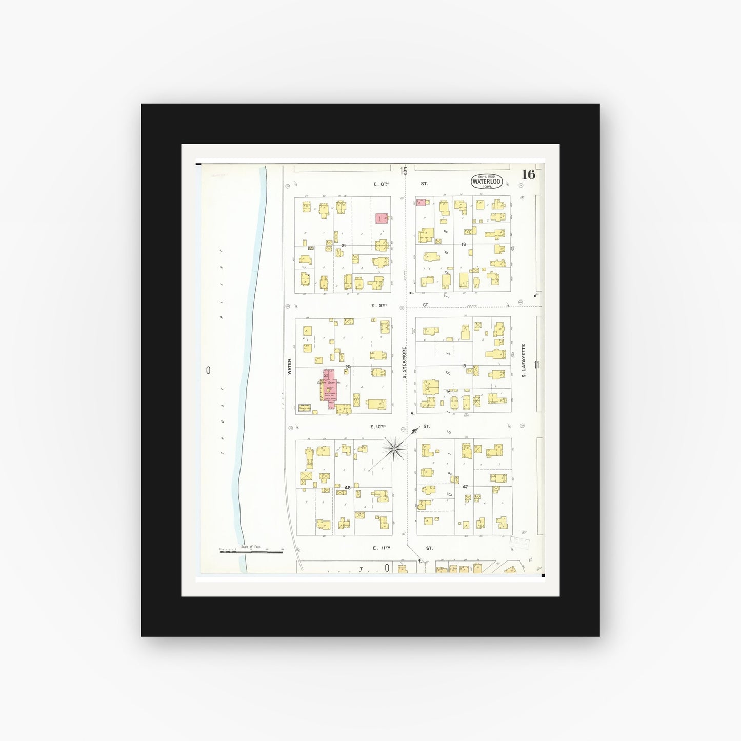 Old map wall art mockup — black gallery frame with white mat — Sanborn Fire Insurance Map from Waterloo, Black Hawk County, Iowa (1900), Sheet #0016