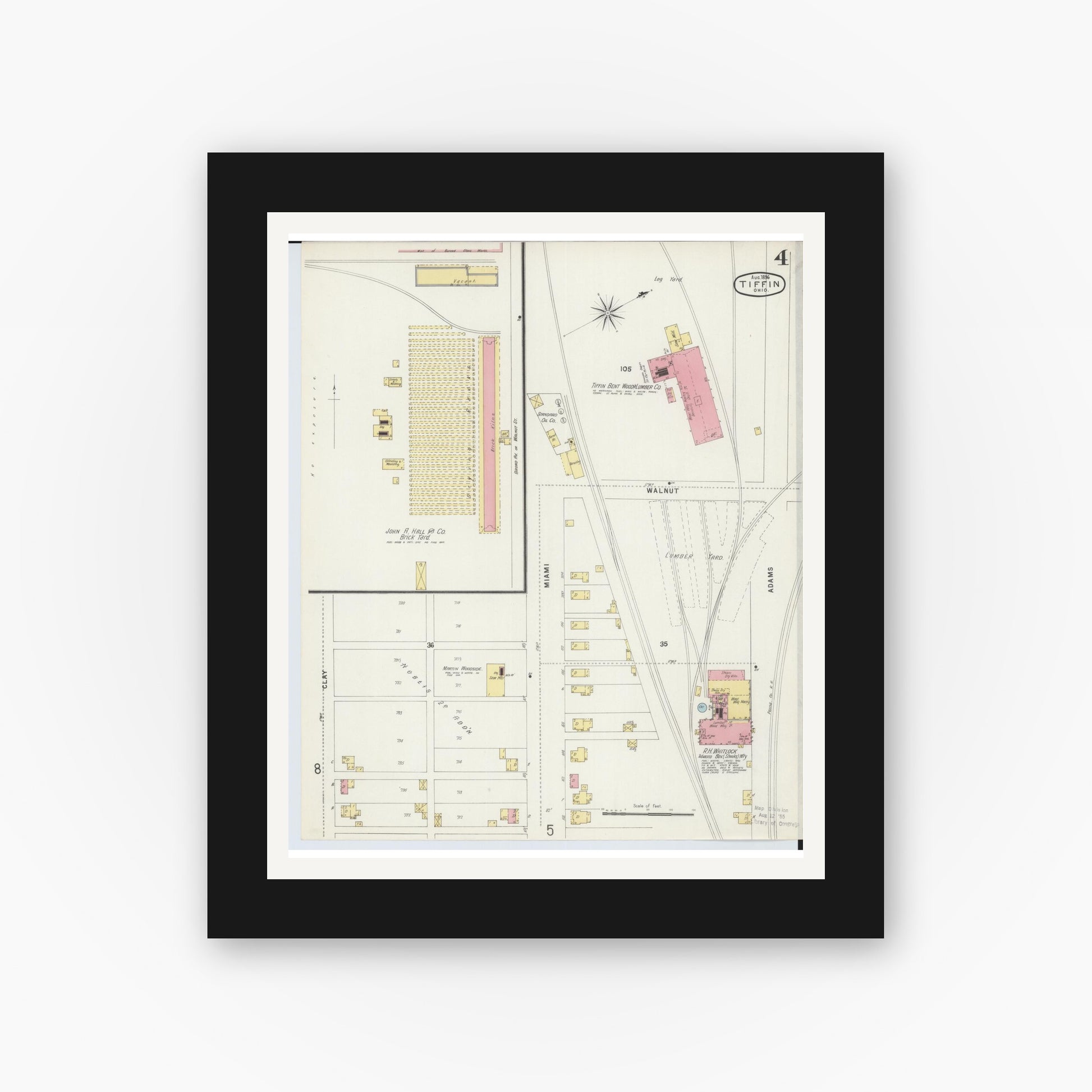 Old map wall art mockup — black gallery frame with white mat — Sanborn Fire Insurance Map from Tiffin, Seneca County, Ohio (1896), Sheet #0004