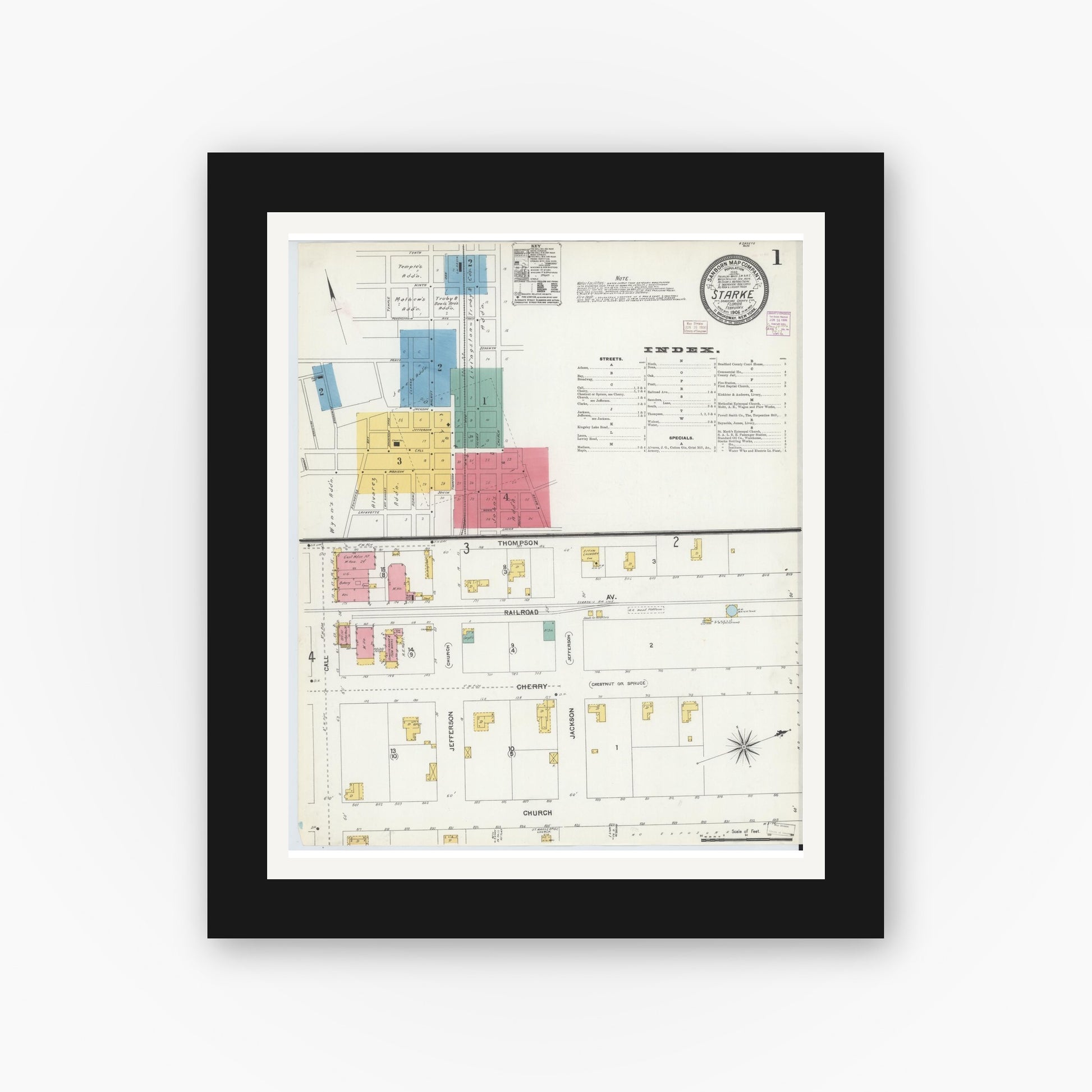 Old map wall art mockup — black gallery frame with white mat — Sanborn Fire Insurance Map from Starke, Bradford County, Florida (1906), Sheet #0001