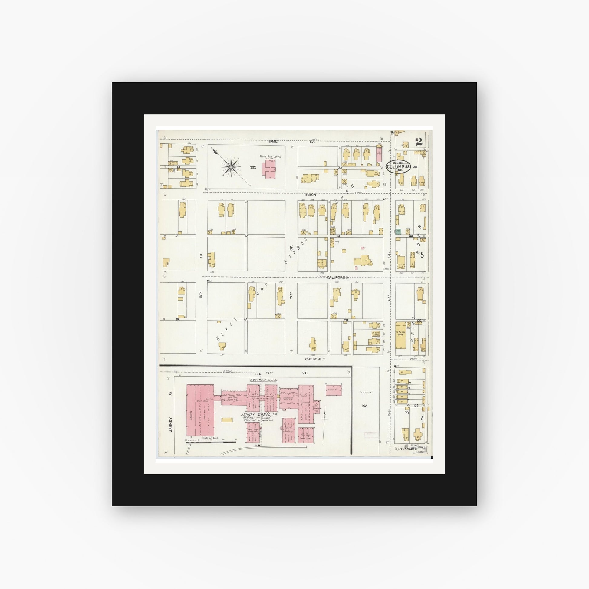 Old map wall art mockup — black gallery frame with white mat — Sanborn Fire Insurance Map from Columbus, Bartholomew County, Indiana (1906), Sheet #0002
