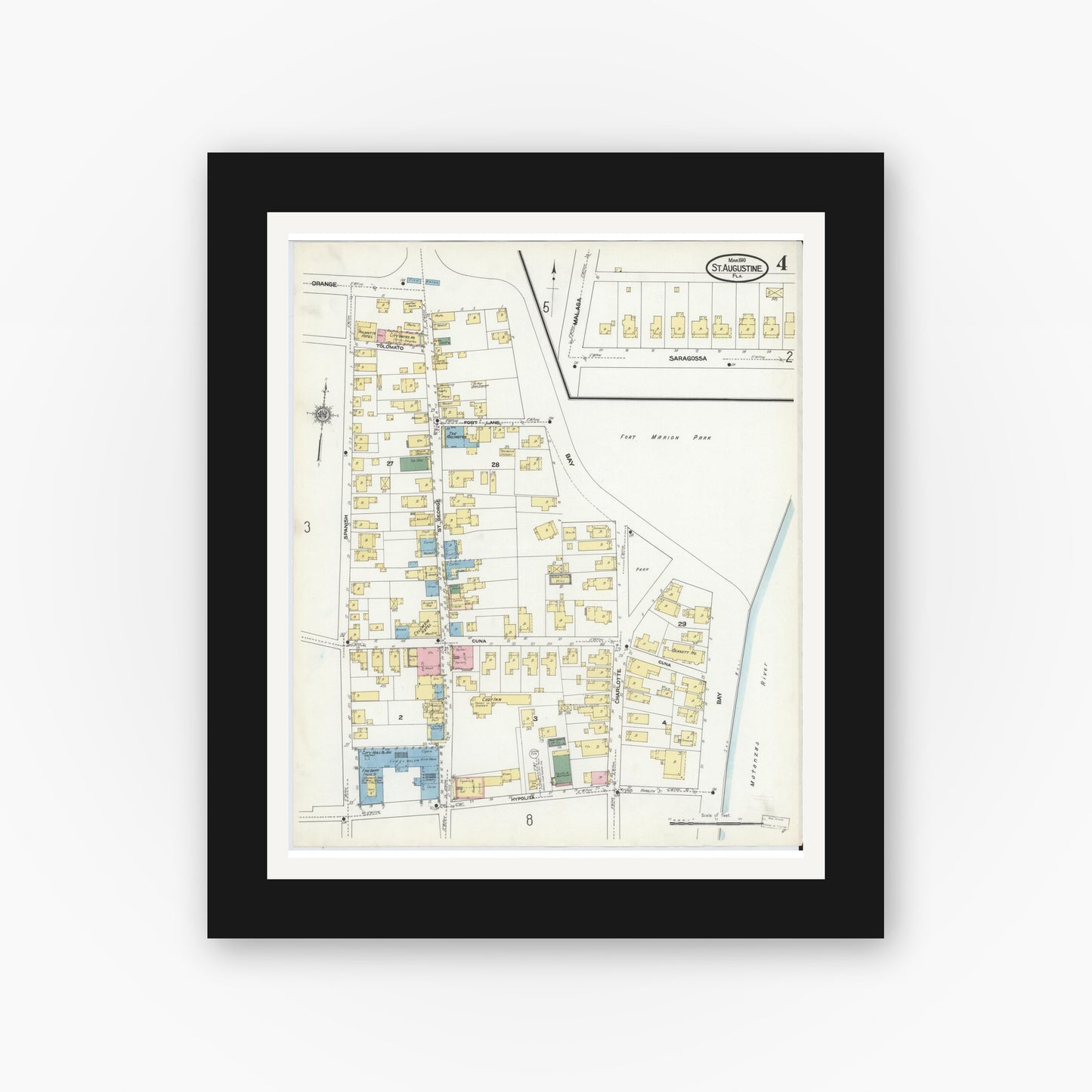 Old map wall art mockup — black gallery frame with white mat — Sanborn Fire Insurance Map from Saint Augustine, Saint John's County, Florida (1910), Sheet #0004