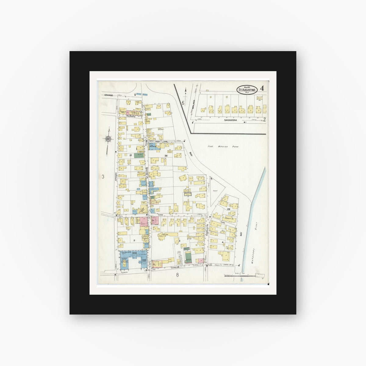 Old map wall art mockup — black gallery frame with white mat — Sanborn Fire Insurance Map from Saint Augustine, Saint John's County, Florida (1910), Sheet #0004