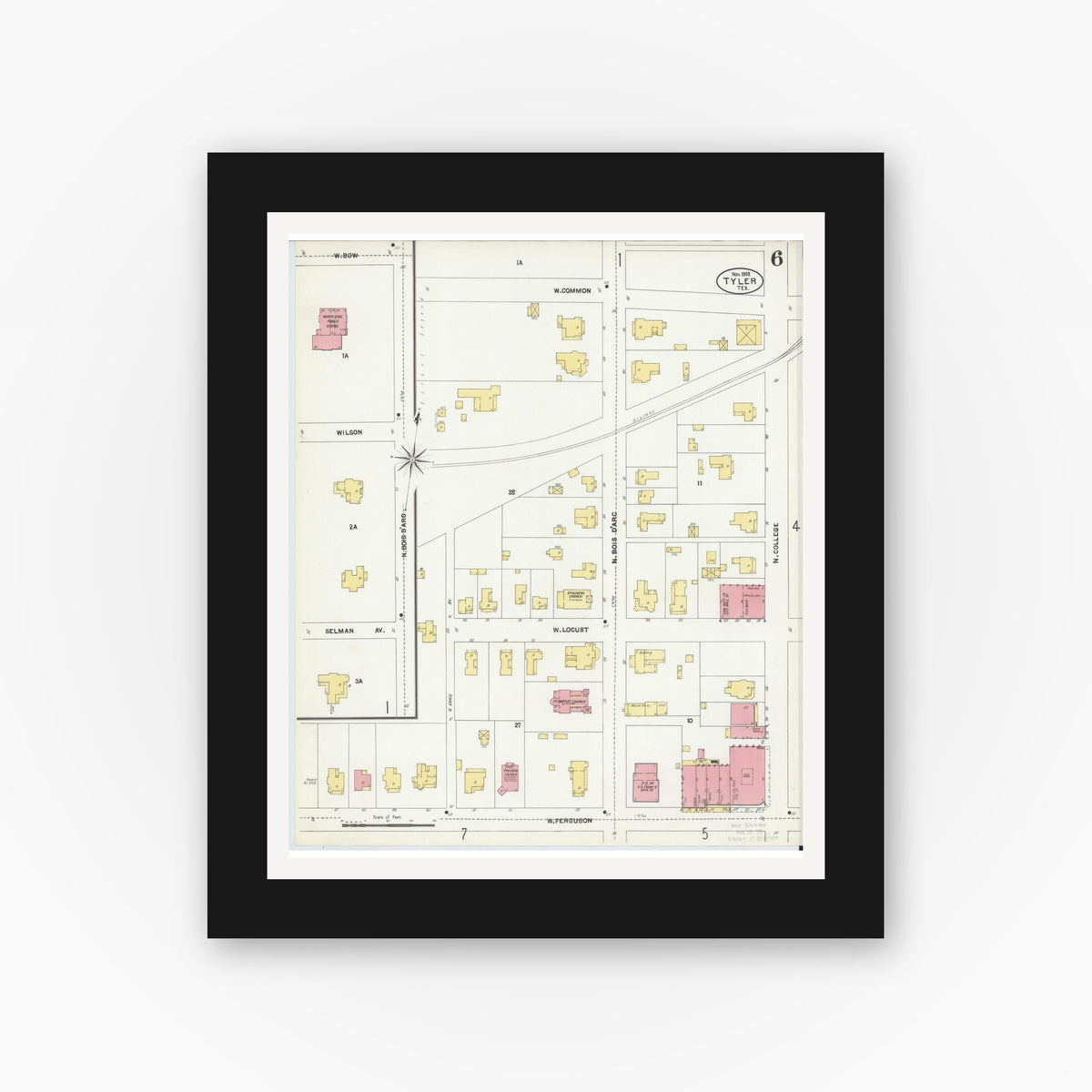 Old map wall art mockup — black gallery frame with white mat — Sanborn Fire Insurance Map from Tyler, Smith County, Texas (1902), Sheet #0006