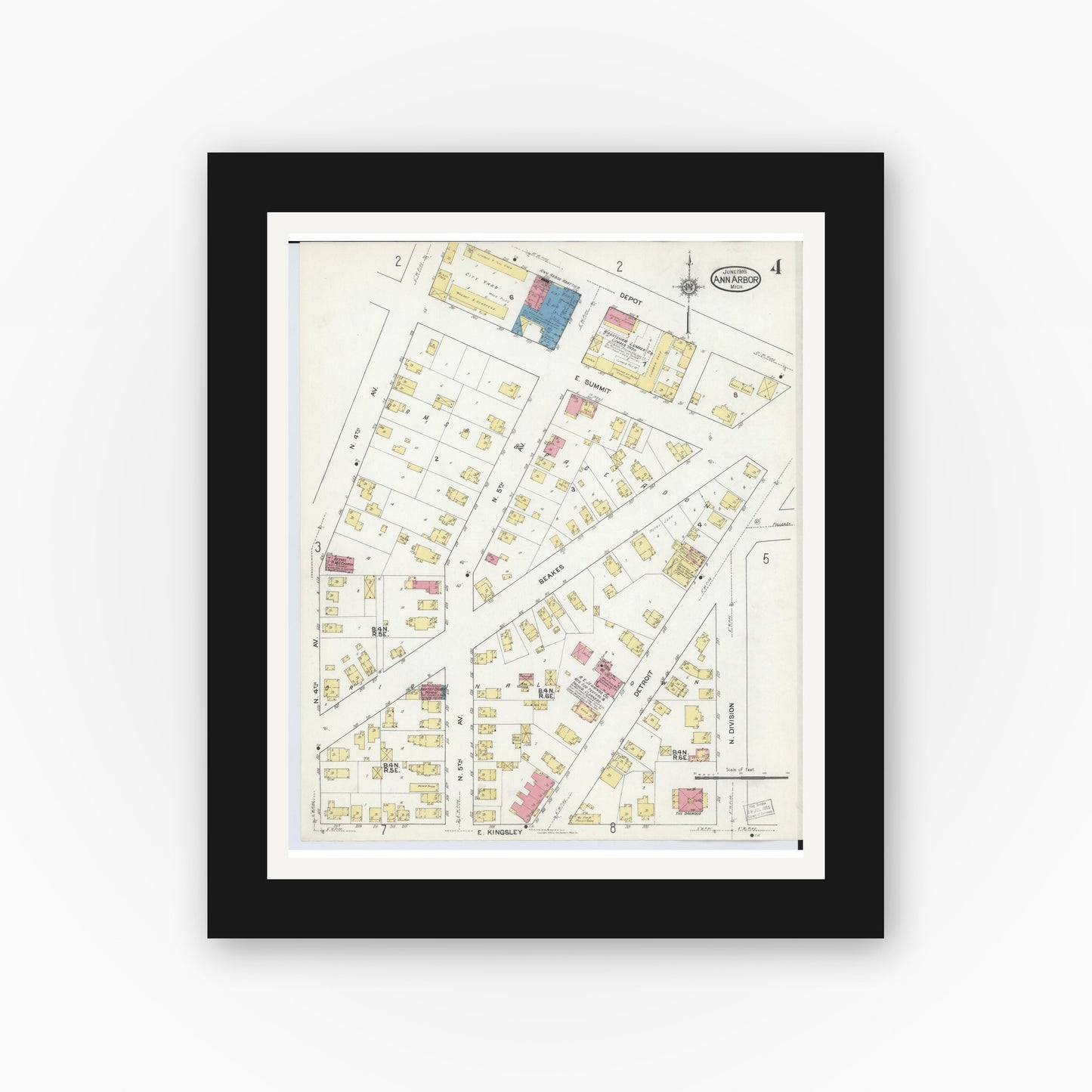 Old map wall art mockup — black gallery frame with white mat — Sanborn Fire Insurance Map from Ann Arbor, Washtenaw County, Michigan (1916), Sheet #0004