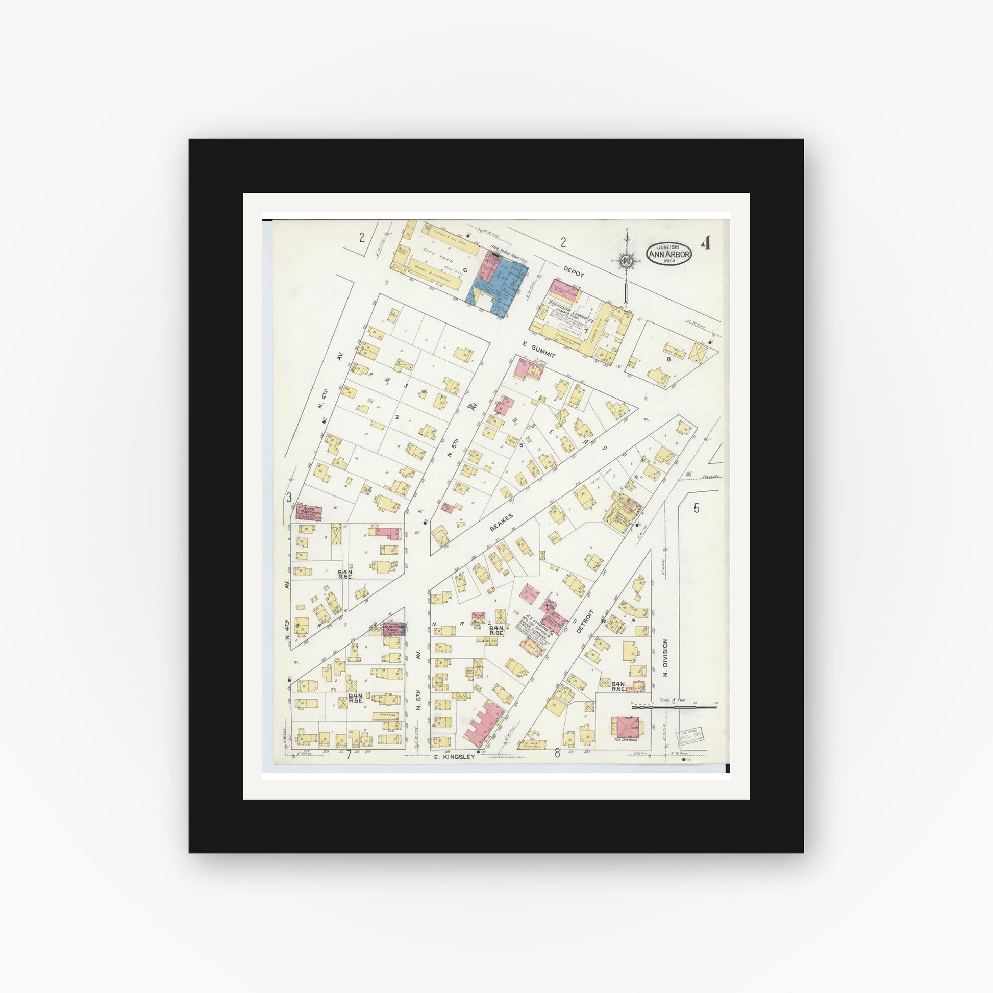 Old map wall art mockup — black gallery frame with white mat — Sanborn Fire Insurance Map from Ann Arbor, Washtenaw County, Michigan (1916), Sheet #0004
