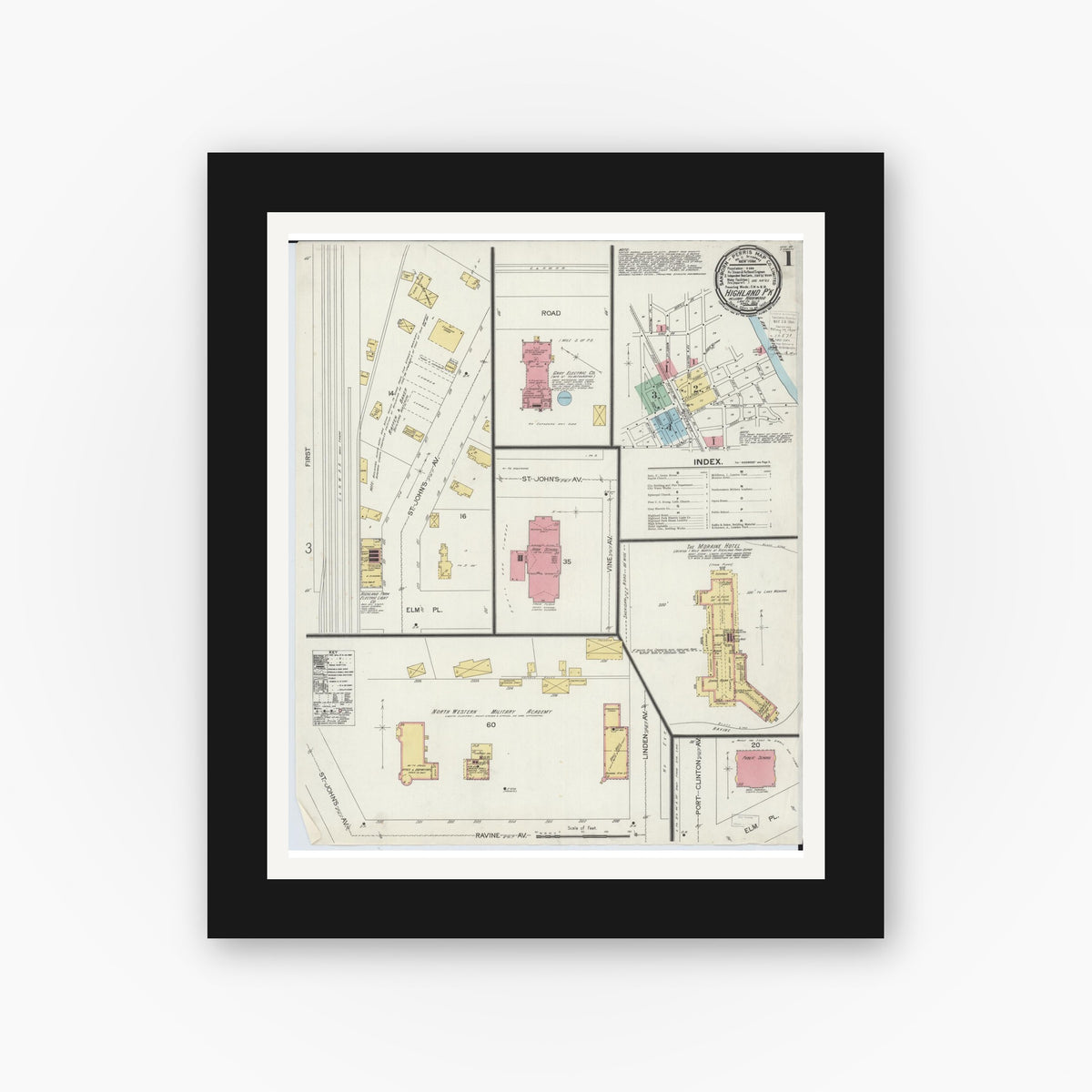 Old map wall art mockup — black gallery frame with white mat — Sanborn Fire Insurance Map from Highland Park, Lake County, Illinois (1900), Sheet #0001