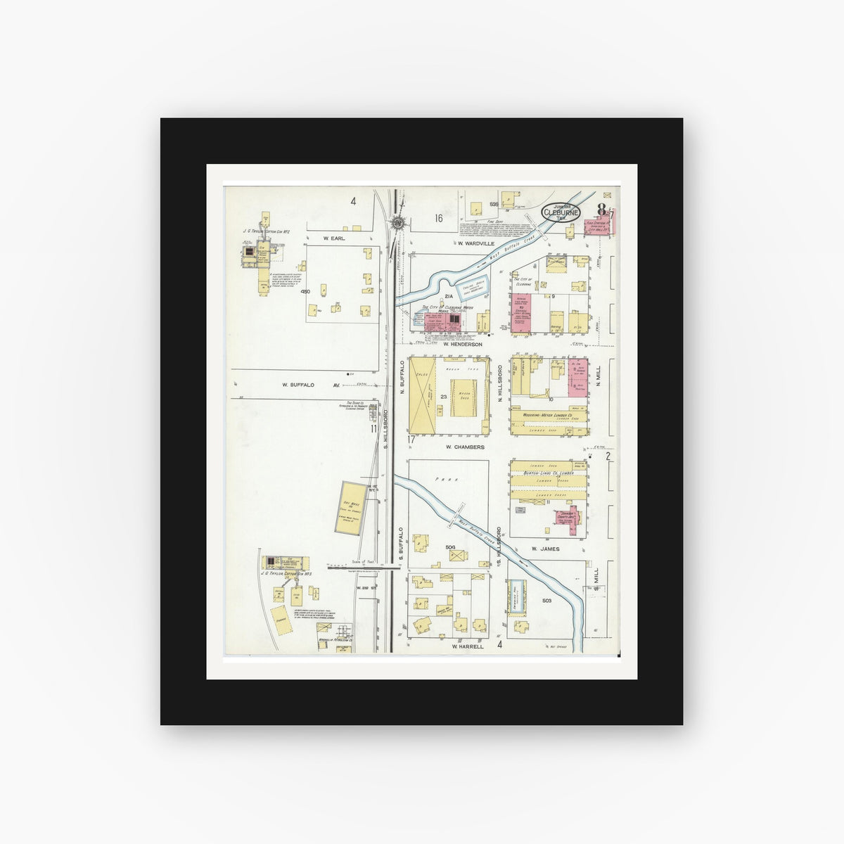 Old map wall art mockup — black gallery frame with white mat — Sanborn Fire Insurance Map from Cleburne, Johnson County, Texas (1918), Sheet #0008