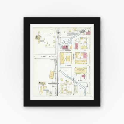 Old map wall art mockup — black gallery frame with white mat — Sanborn Fire Insurance Map from Cleburne, Johnson County, Texas (1918), Sheet #0008