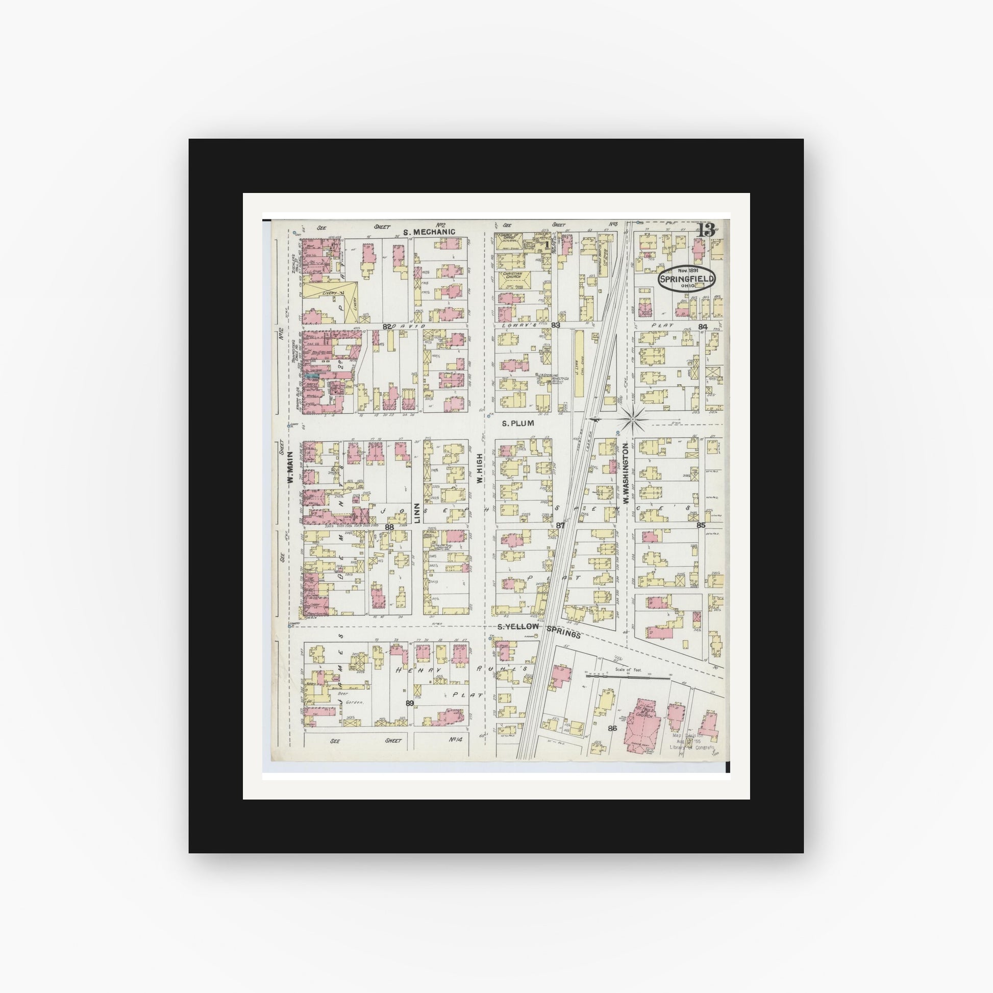 Old map wall art mockup — black gallery frame with white mat — Sanborn Fire Insurance Map from Springfield, Clark County, Ohio (1891), Sheet #0013