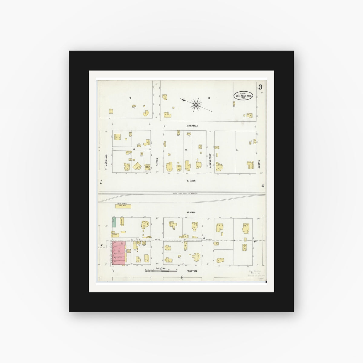 Old map wall art mockup — black gallery frame with white mat — Sanborn Fire Insurance Map from Van Alstyne, Grayson County, Texas (1907), Sheet #0003