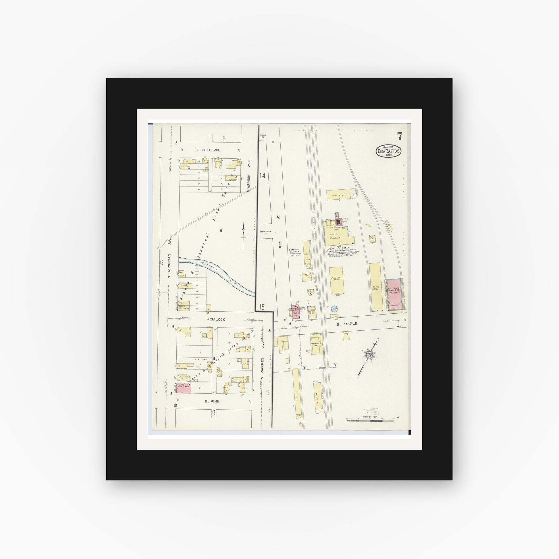 Old map wall art mockup — black gallery frame with white mat — Sanborn Fire Insurance Map from Big Rapids, Mecosta County, Michigan (1914), Sheet #0007
