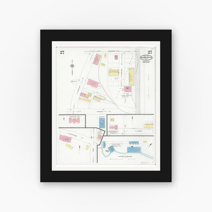 Old map wall art mockup — black gallery frame with white mat — Sanborn Fire Insurance Map from Iron Mountain, Dickinson County, Michigan (1930), Sheet #0027