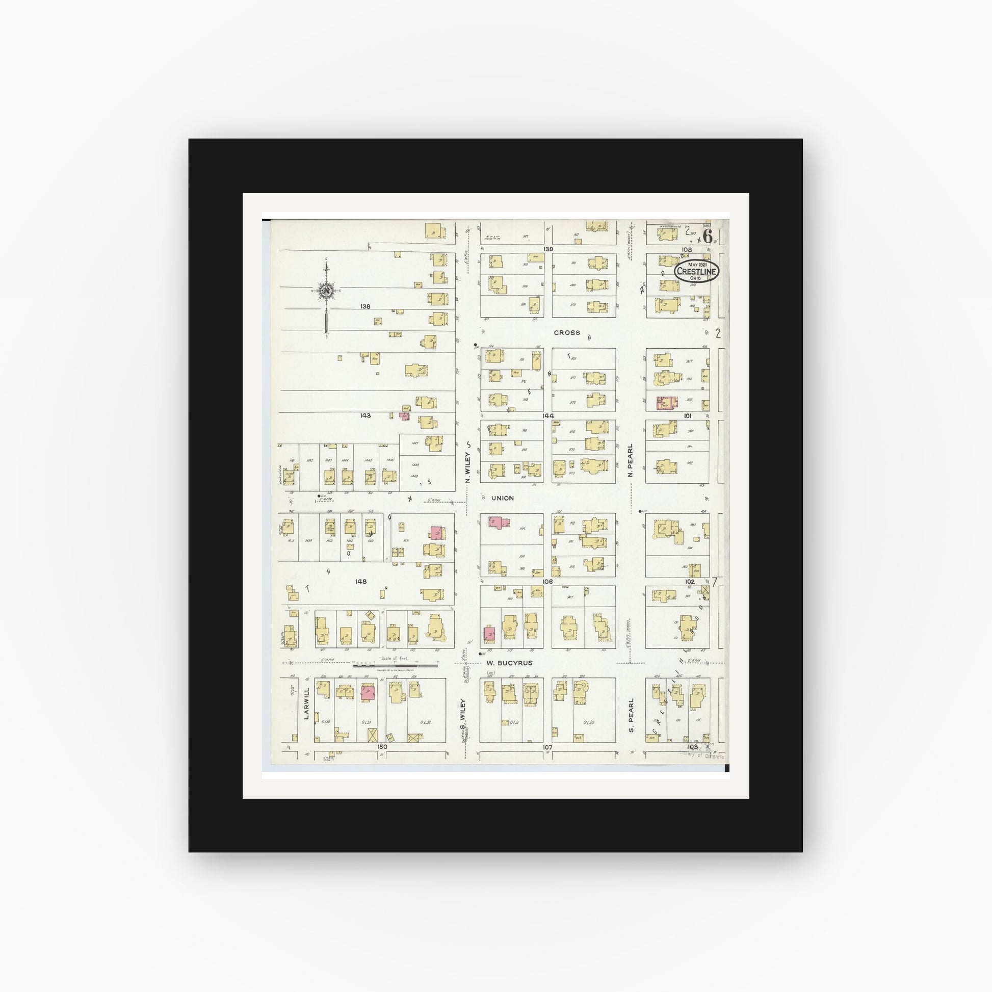 Old map wall art mockup — black gallery frame with white mat — Sanborn Fire Insurance Map from Crestline, Crawford County, Ohio (1921), Sheet #0006