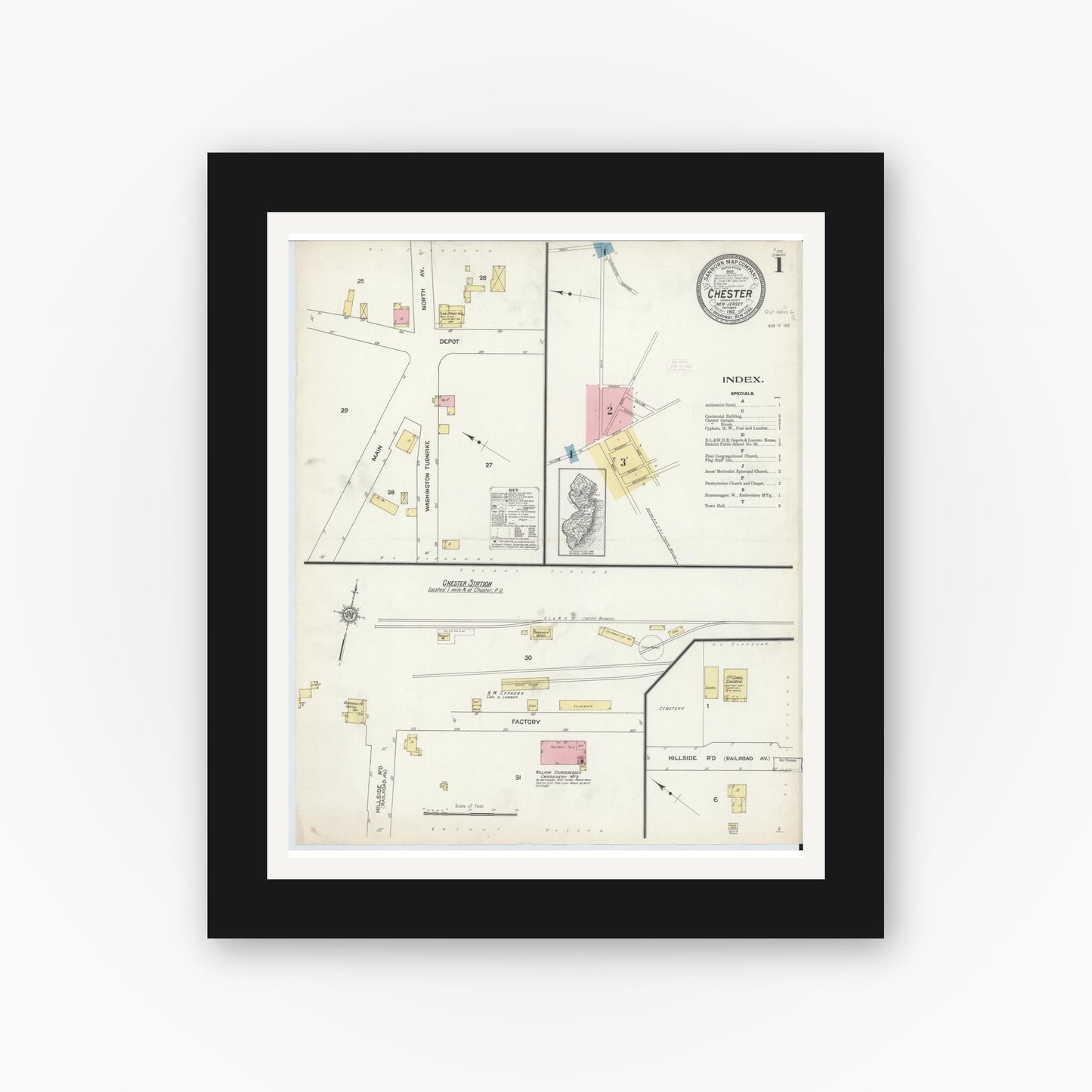 Old map wall art mockup — black gallery frame with white mat — Sanborn Fire Insurance Map from Chester, Morris County, New Jersey (1912), Sheet #0001